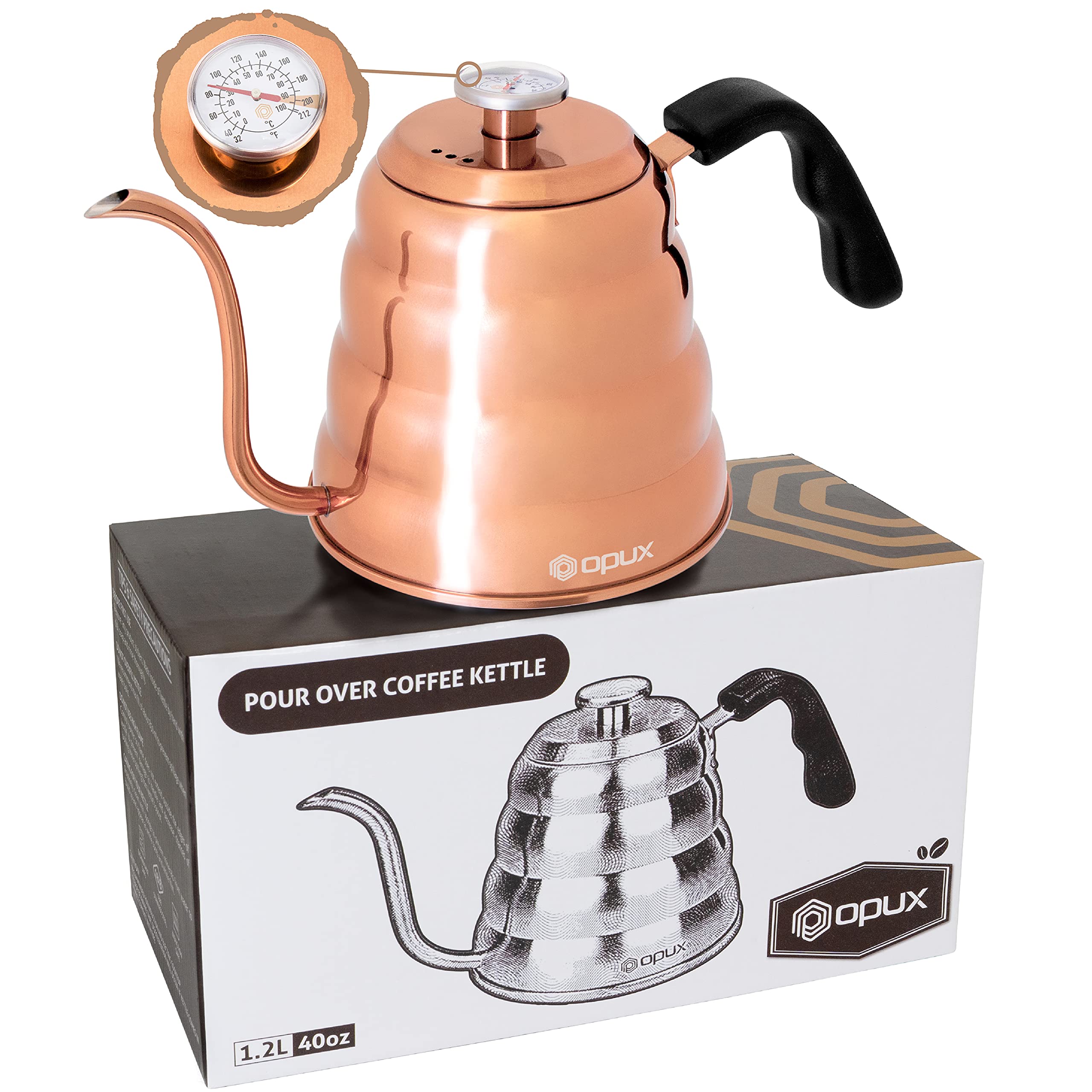 Premium Gooseneck Coffee Kettle for Pour Over & Drip Brewing - 40oz Stainless Steel Stovetop & Induction Compatible with Built-in Thermometer - Perfect for Specialty Coffee, Tea, and Slow Pour Techniques (1.2L, Copper Finish) - Ideal for Home Baristas & Coffee Enthusiasts