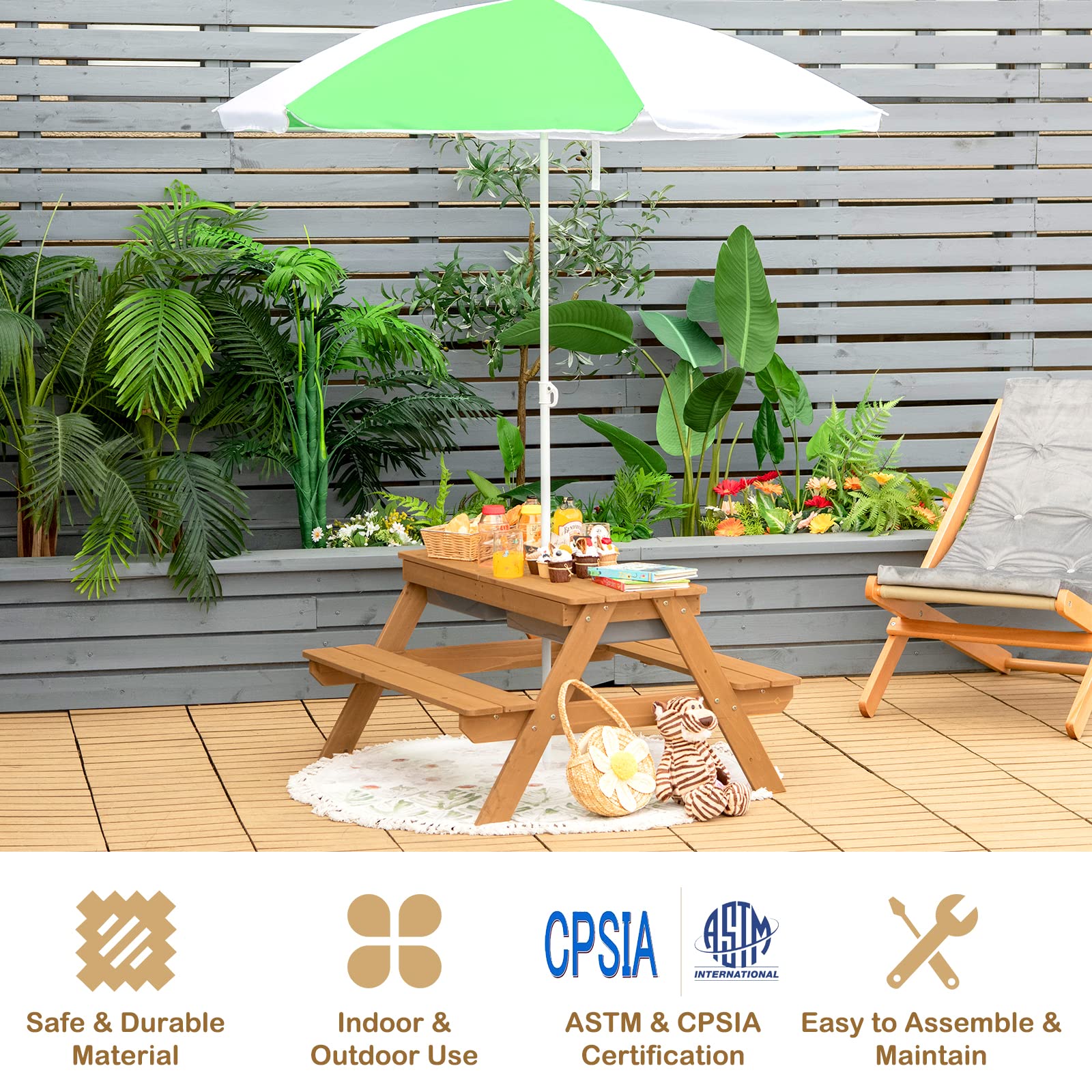 Costzon 4-in-1 Adjustable Kids Picnic Table with Sensory Bins - Sand & Water Play Table, Removable Tabletop & Height-Adjustable Umbrella - Durable Wooden Outdoor Play Table for Backyard, Patio, Preschool & Daycare Activities