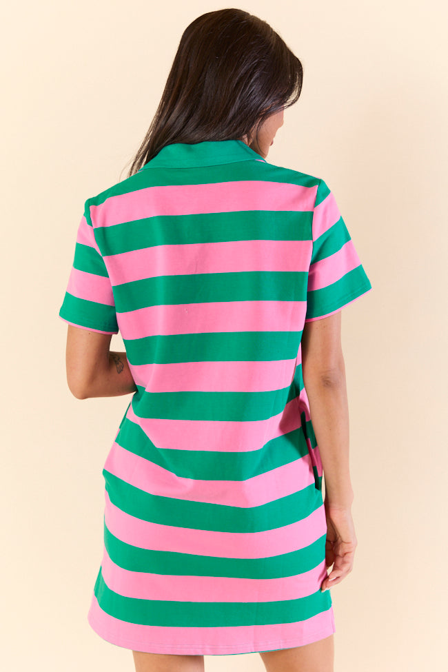 Pink and Green Rugby Stripe Knit Dress for Women - Cute Casual Gaming Outfit for Game Nights, Cosplay, and Everyday Wear