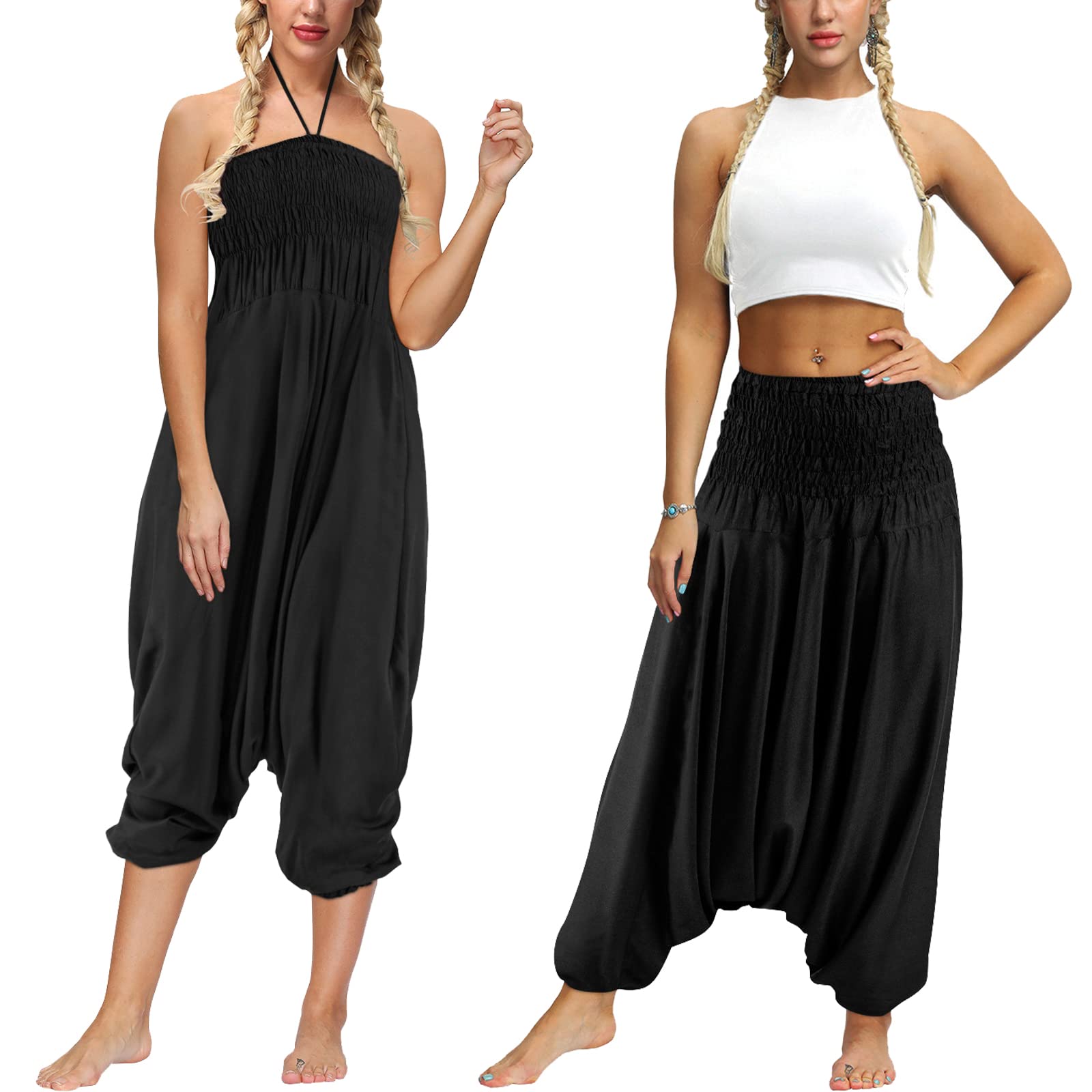 NIOENPT Women's Boho Harem Jumpsuit - Hippie Yoga Pants with Smocked Waist, Loose Fit Palazzo Pants for Pilates, Lounge & Casual Wear | Perfect for Yoga, Beach & Festival Outfits