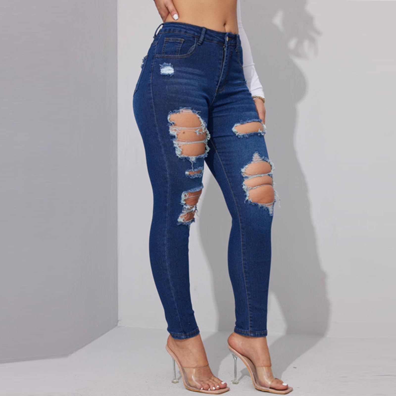 Women's High Waisted Straight Wide Leg Baggy Jeans - Stretchy Skinny Fit & Butt Lifting Design - Trendy Ripped Denim Pants for Casual Wear, Street Style & Night Out