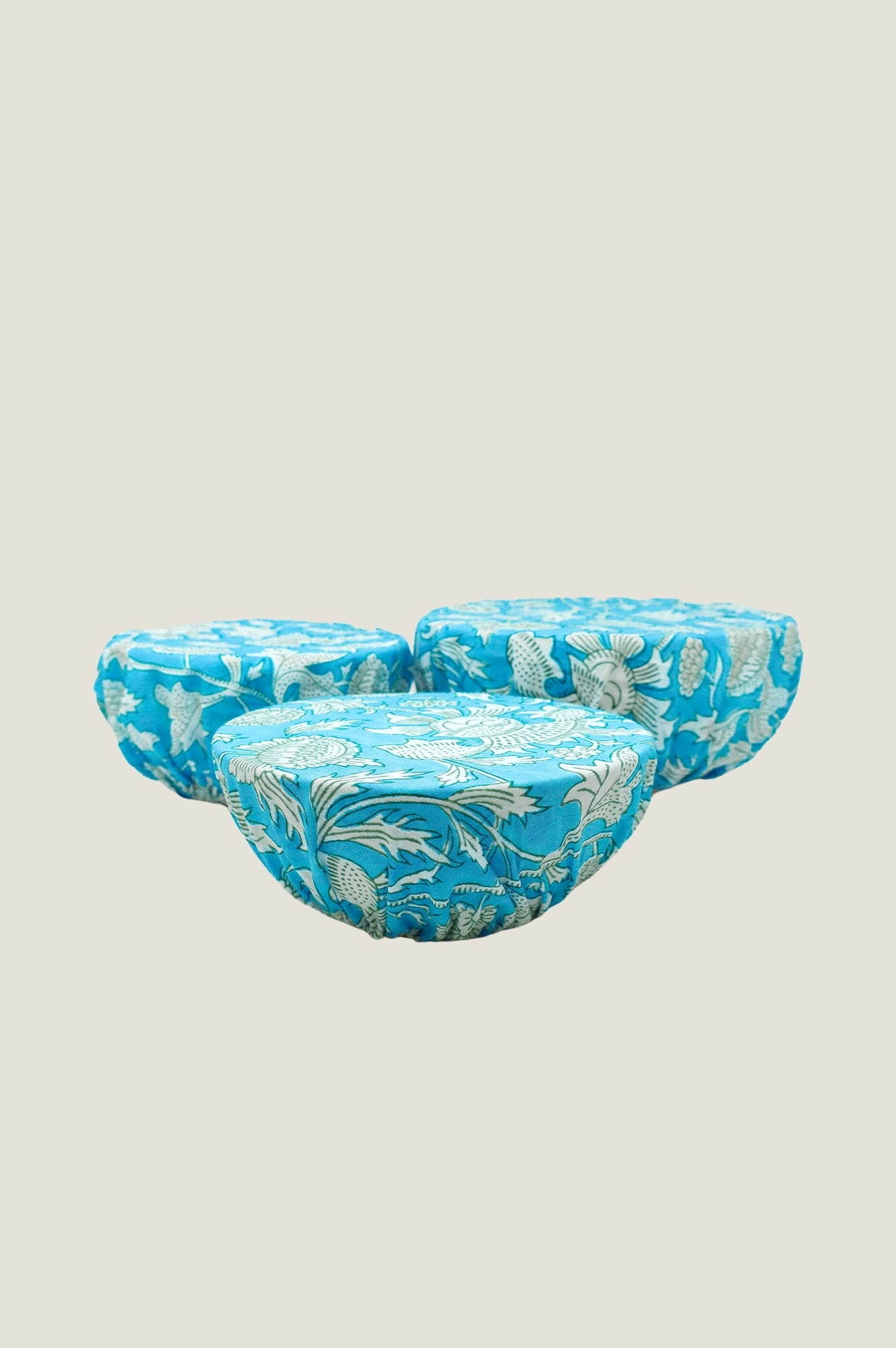 Set of 3 Block Print Bowl Covers - Tea Rose Blue Cotton Fabric Food Covers for Kitchen, Dining, and Picnic Use