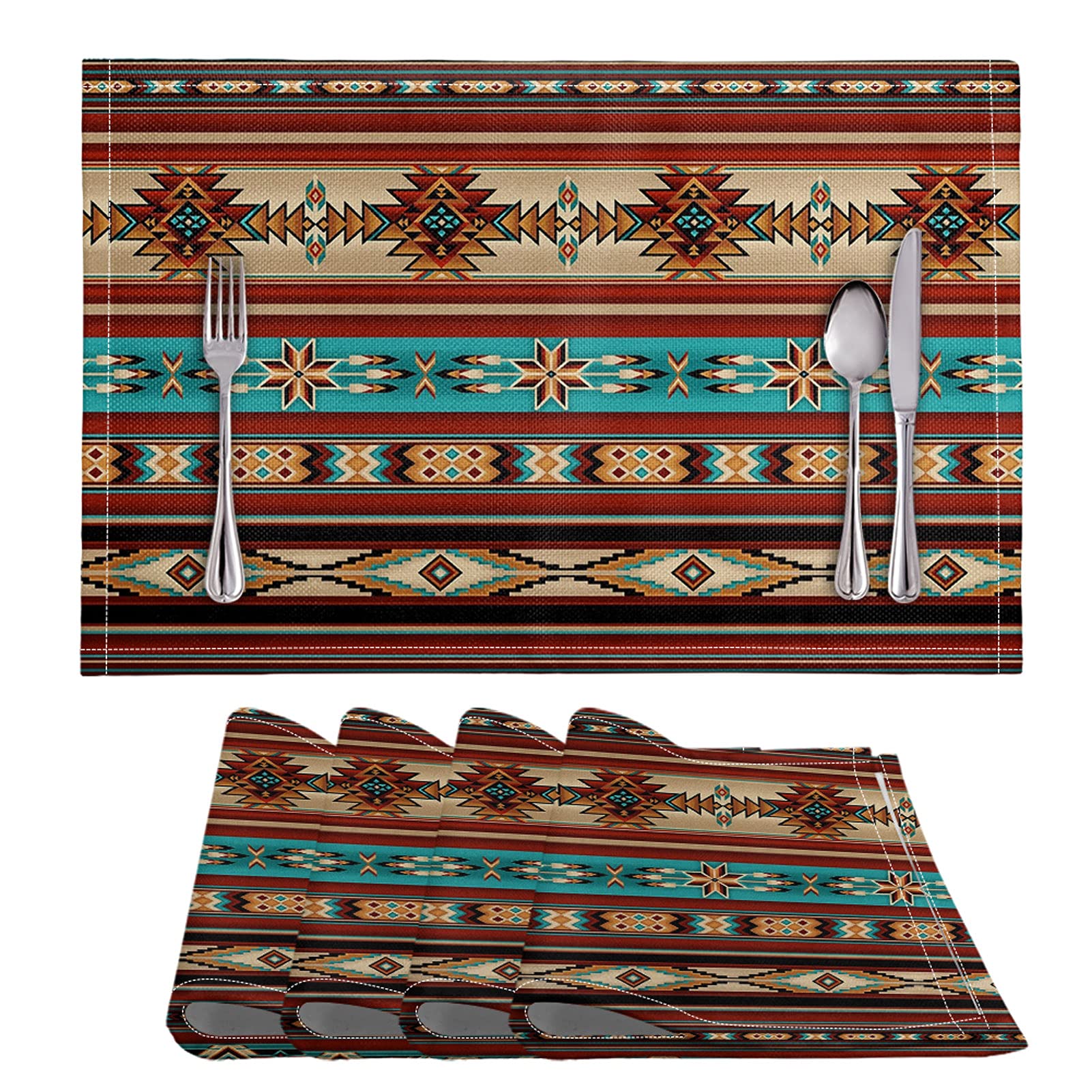 Boho Placemats Set of 4 - Tribal Southwestern Washable Table Mats for Kitchen & Dining - Native American Style Brown Decor - Perfect for Farmhouse, Rustic, or Eclectic Home Decor