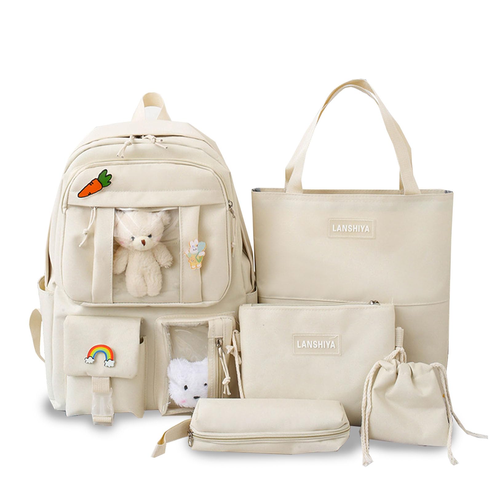 4Pcs Kawaii Cute Backpack Set for School - Aesthetic Laptop Backpack with Accessories for Girls & Teens (White) - Perfect for School, College, Travel & Daily Use