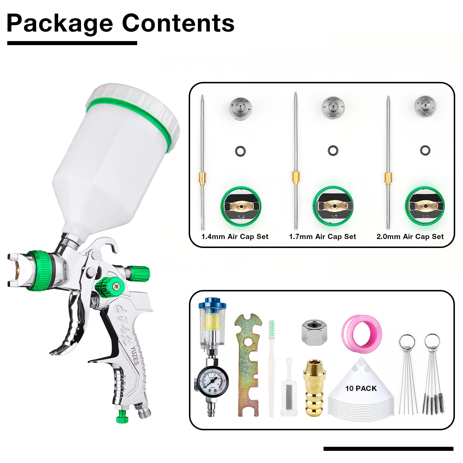 YUZES HVLP Spray Gun Kit with 1.4/1.7/2.0mm Copper Nozzles - Professional Automotive Paint Sprayer with Air Regulator & 10 Paper Funnels - Perfect for Car Painting, Furniture Refinishing, DIY Projects (Green)