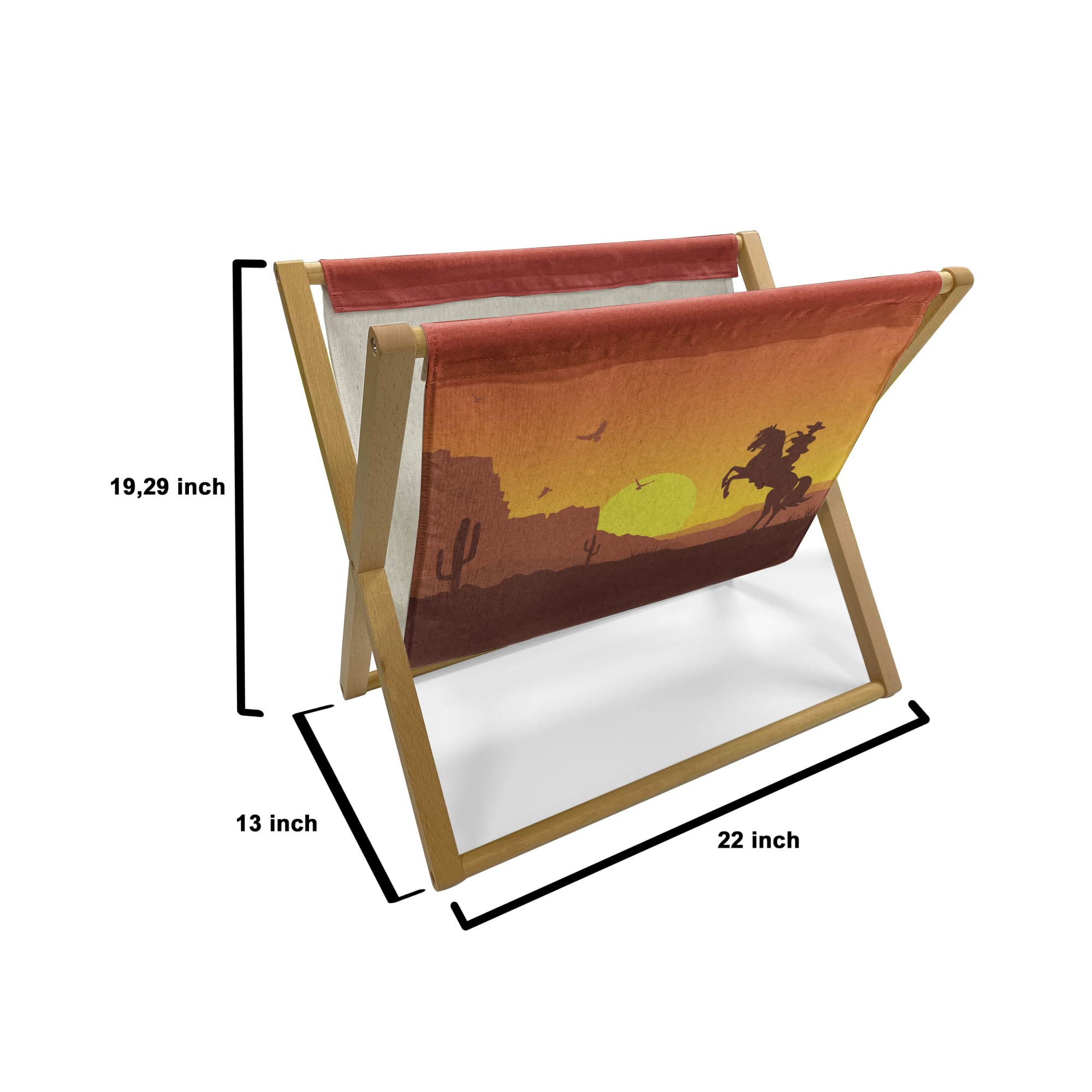 Lunarable Western Magazine & Book Holder - Wild West Desert Cowboy on Horse Sunset Cactus Design - 22x19 Inch Floor Rack Organizer for Office, Home & School - Orange Yellow Brown - Perfect for Western Decor, Reading Nooks & Cowboy-Themed Rooms