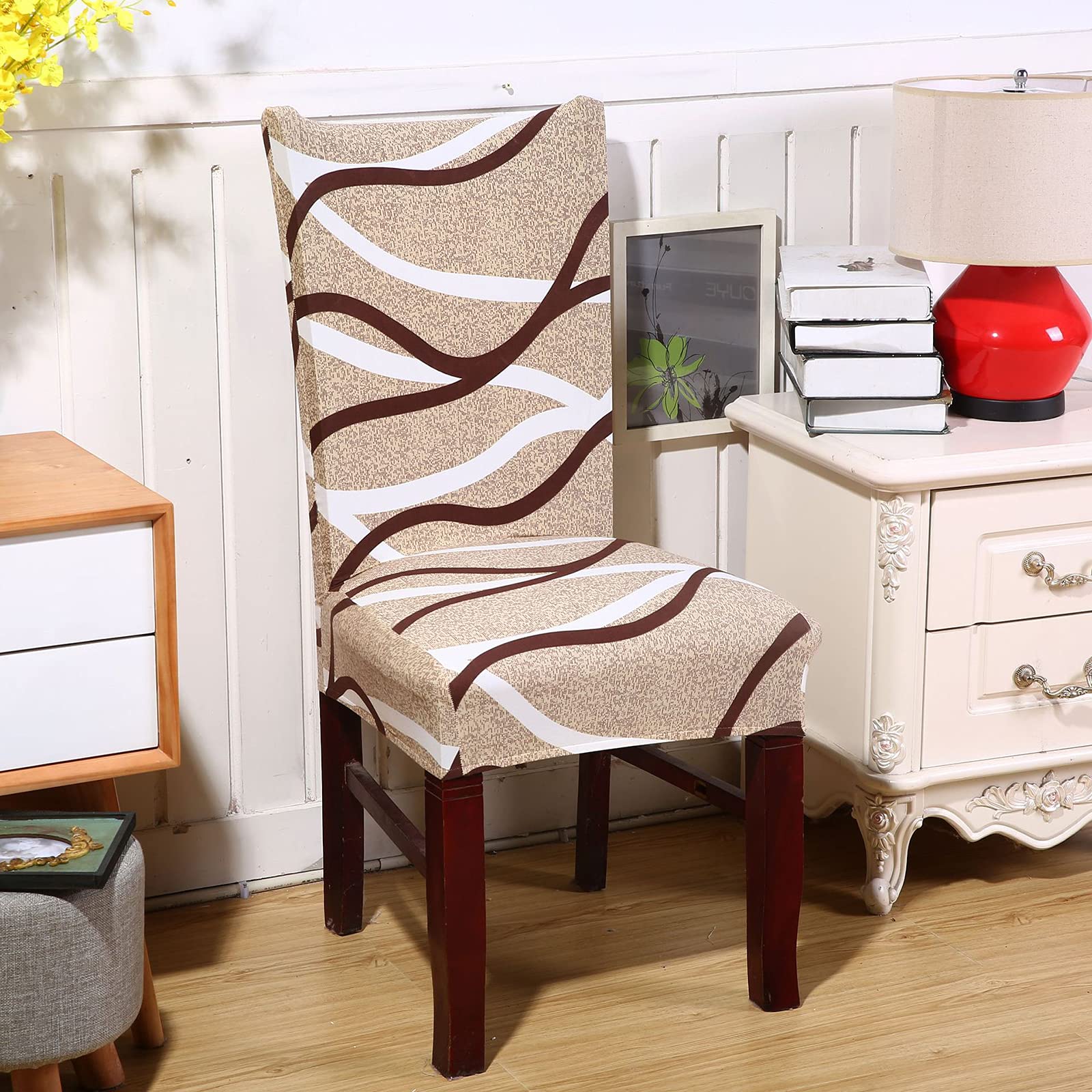 Stretch Chair Slipcovers - 4pcs Soft Milk Silk Print Removable Washable Chair Covers for Dining Room, Wedding, Banquet (Apricot Stripe) | Perfect for Home, Restaurant, Hotel & Event Decor