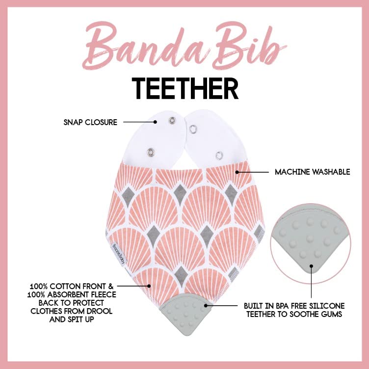 Bazzle Baby Bandana Teething Bibs 4-Pack - Soft Cotton Drool Bibs for Boys & Girls with Silicone Teether, Adjustable & Absorbent Baby Bibs for Drooling (Pink & White) - Perfect for Teething Relief, Mealtime & Everyday Use