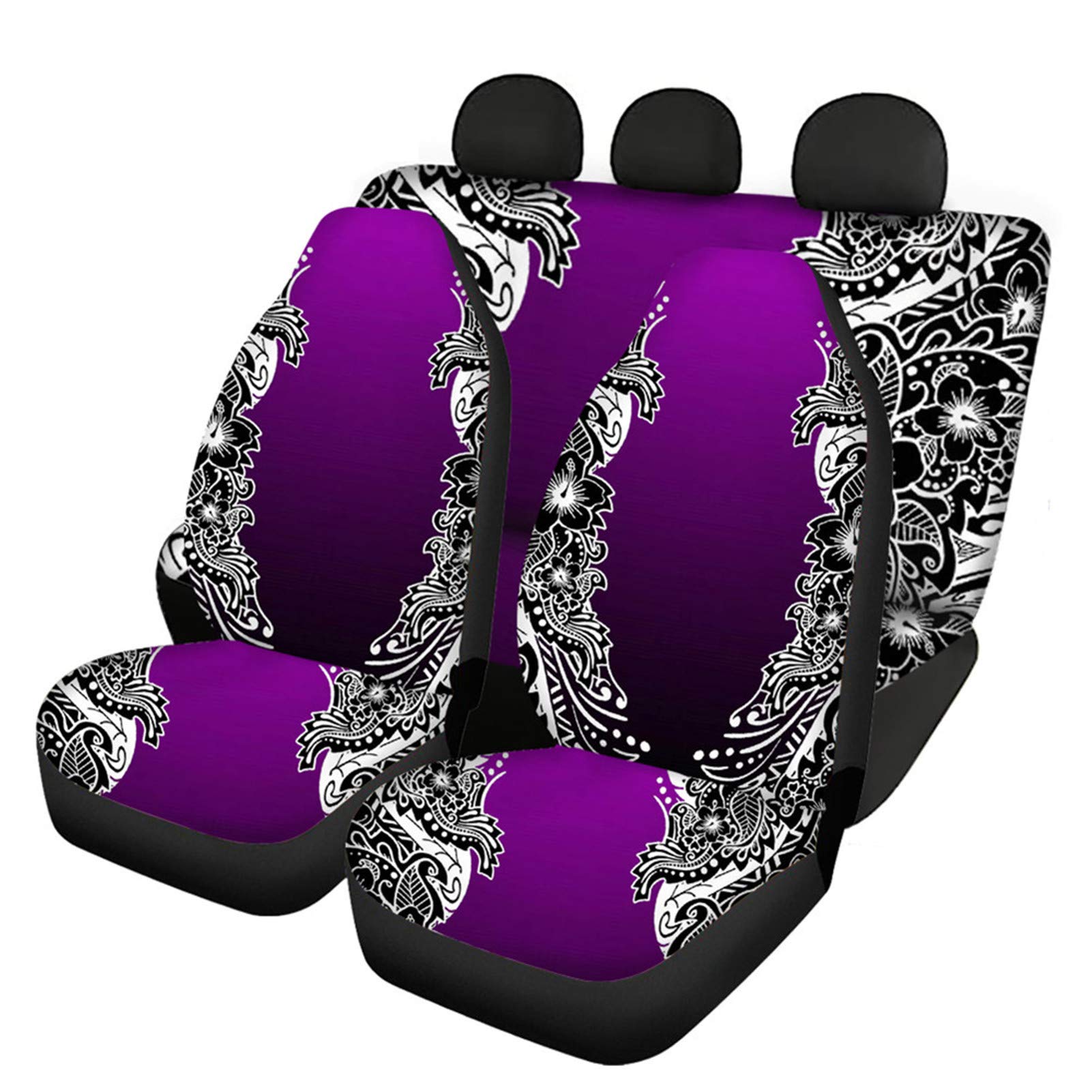 JOAIFO Black Hibiscus Plumeria Tribal Paisley Purple Car Seat Covers - Full Set of 4 Washable Auto Seat Protectors for Sedan, Van, Truck & SUV | Durable Front & Back Seat Covers for Comfort & Style Protection