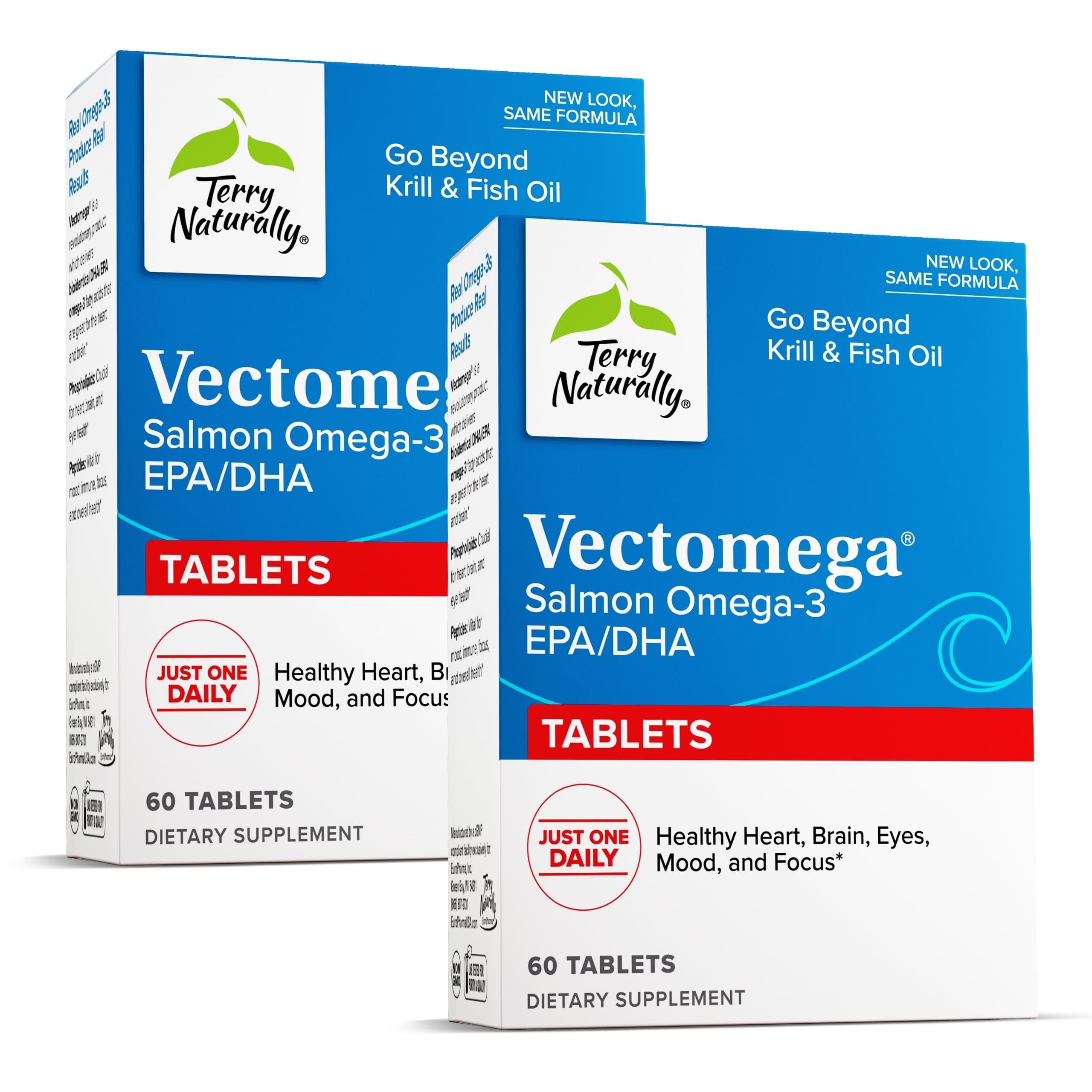 Terry Naturally Vectomega - Omega-3 Supplement with EPA & DHA for Brain & Heart Health - Essential Fatty Acids & Peptides Nutritional Support - 60 Tablets (Pack of 2) - Perfect for Daily Wellness & Cognitive Function Boost