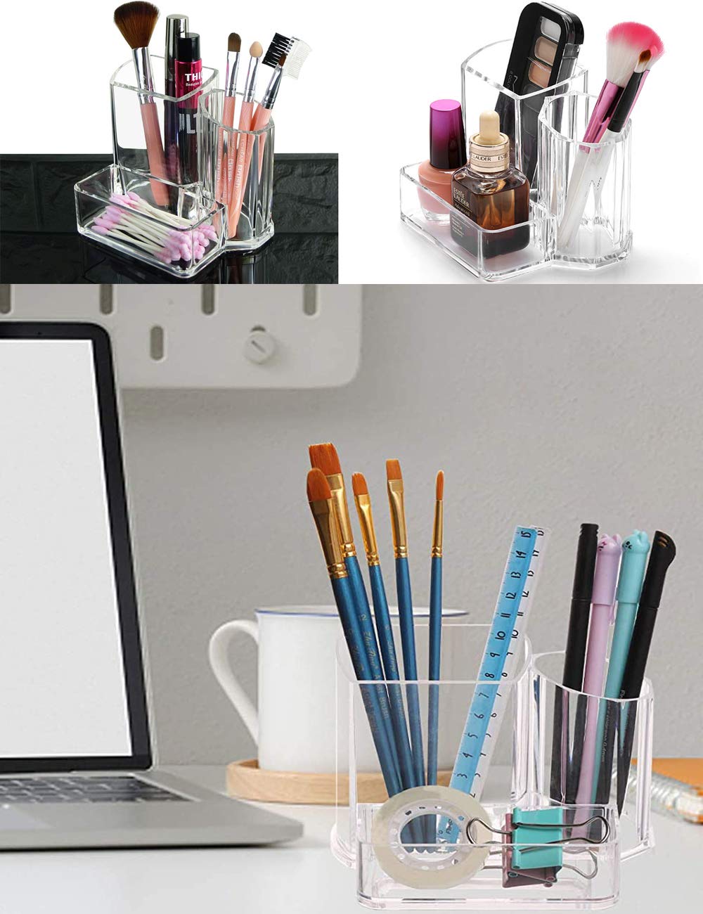 Clear Acrylic Makeup Brush Organizer - 3-Compartment Cosmetic Storage Case for Eyeliners, Eyebrows & Qtips | Multi-Purpose Vanity Organizer for Home, Office & Travel | Perfect for Makeup Artists, Beauty Enthusiasts & Professional Use