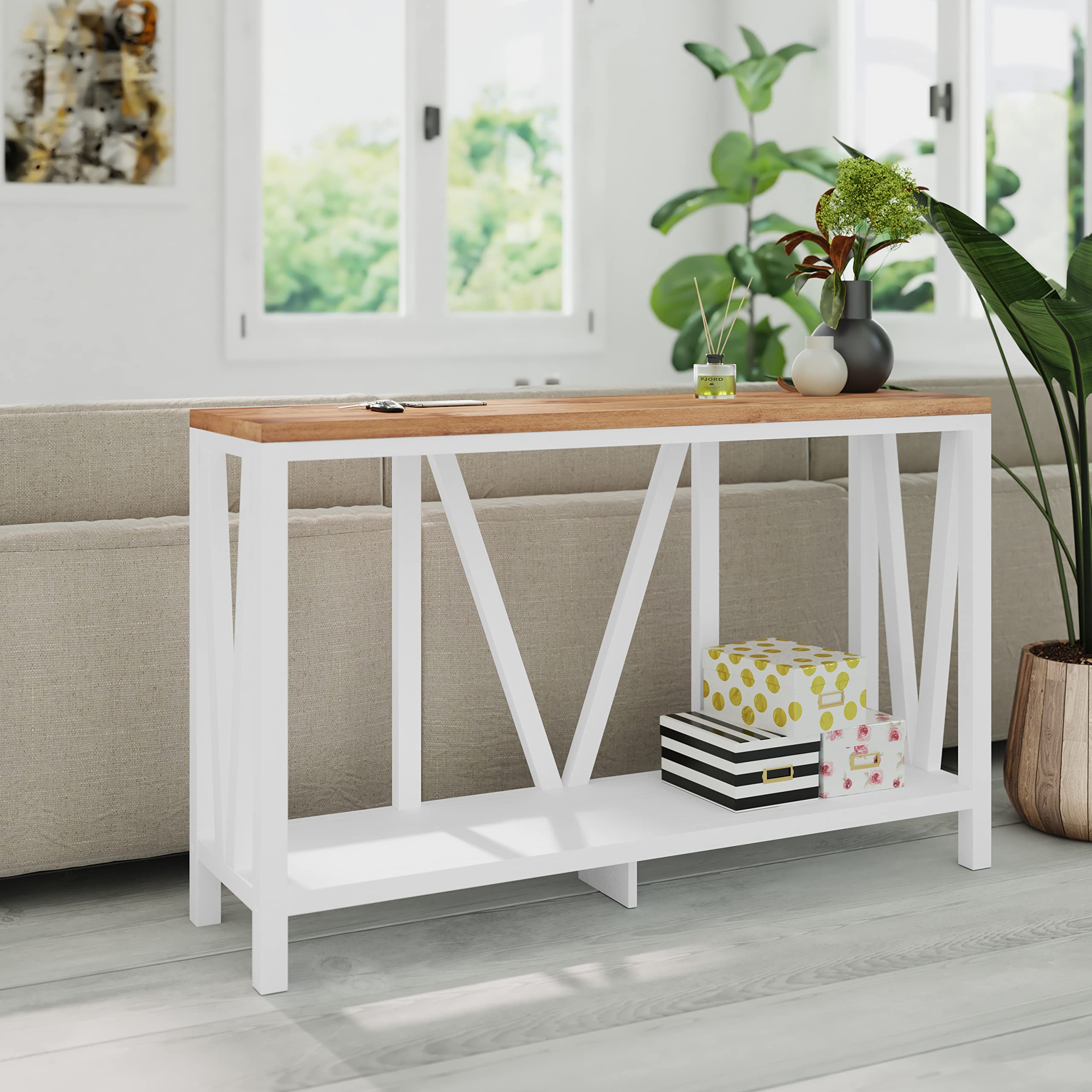 EMMA + OLIVER Owen Sofa Table - Modern Farmhouse Console Table with Rustic Oak Top & White Engineered Wood Base - Protective Floor Glides for Living Room, Entryway & Home Office Decor