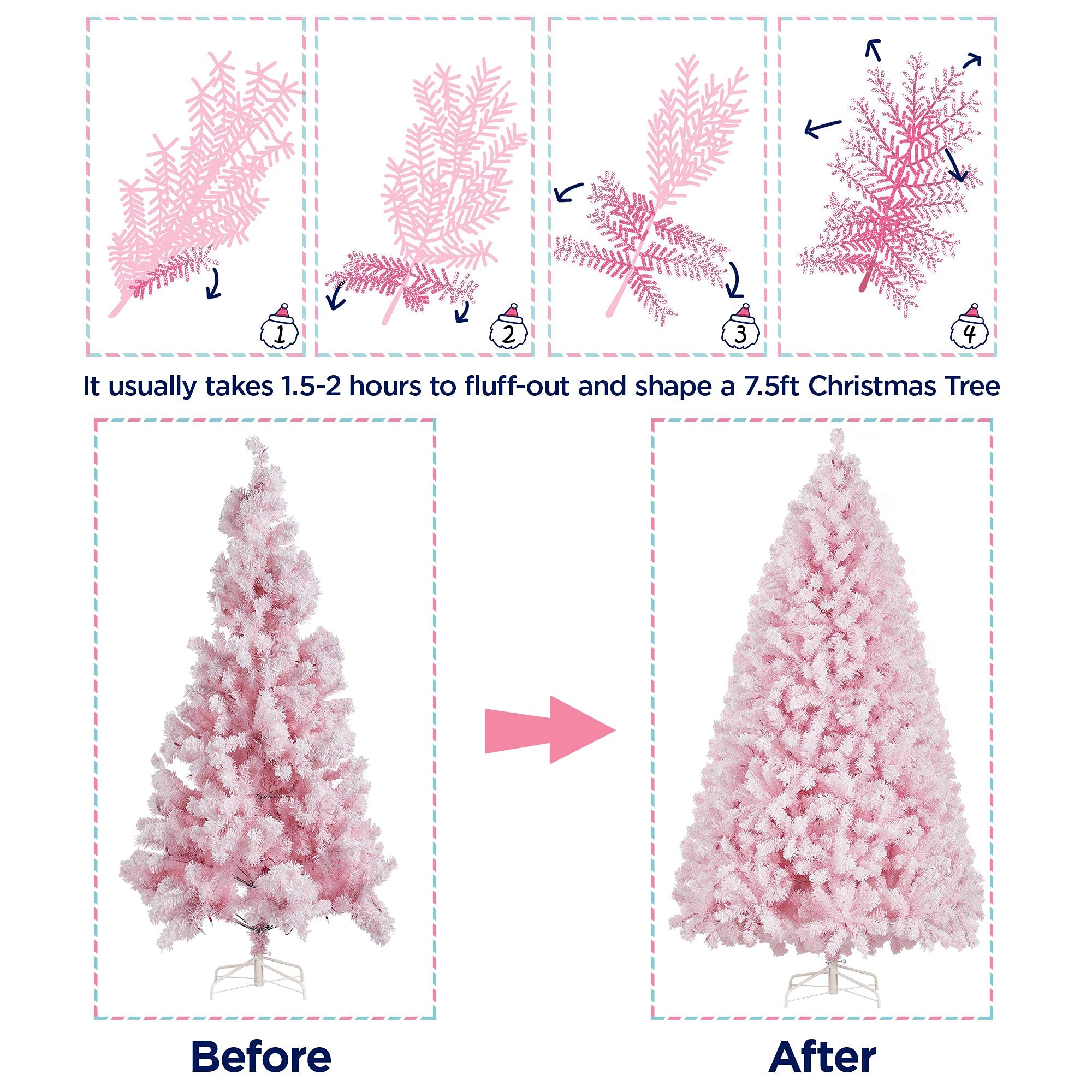Yaheetech 7.5ft Pre-lit Artificial Christmas Tree with 550 Warm White Incandescent Lights - Snow Flocked Full Prelit Xmas Tree with 1284 Branch Tips & Foldable Stand (Pink) - Perfect for Living Room, Office, and Holiday Decorations