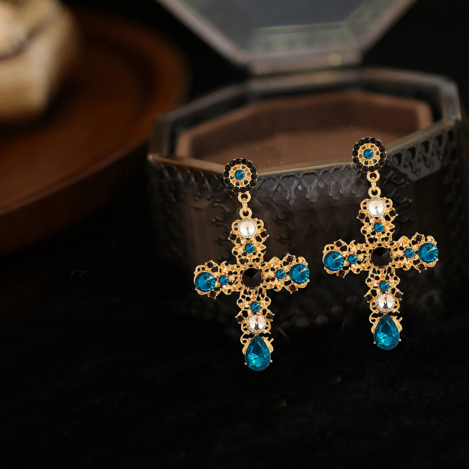 Stylish Gold Cross Red Heart Earrings with Sparkling Crystals - Baroque Hollow Drop Dangle Earrings for Women & Teens | Perfect for Parties, Gifts & Special Occasions