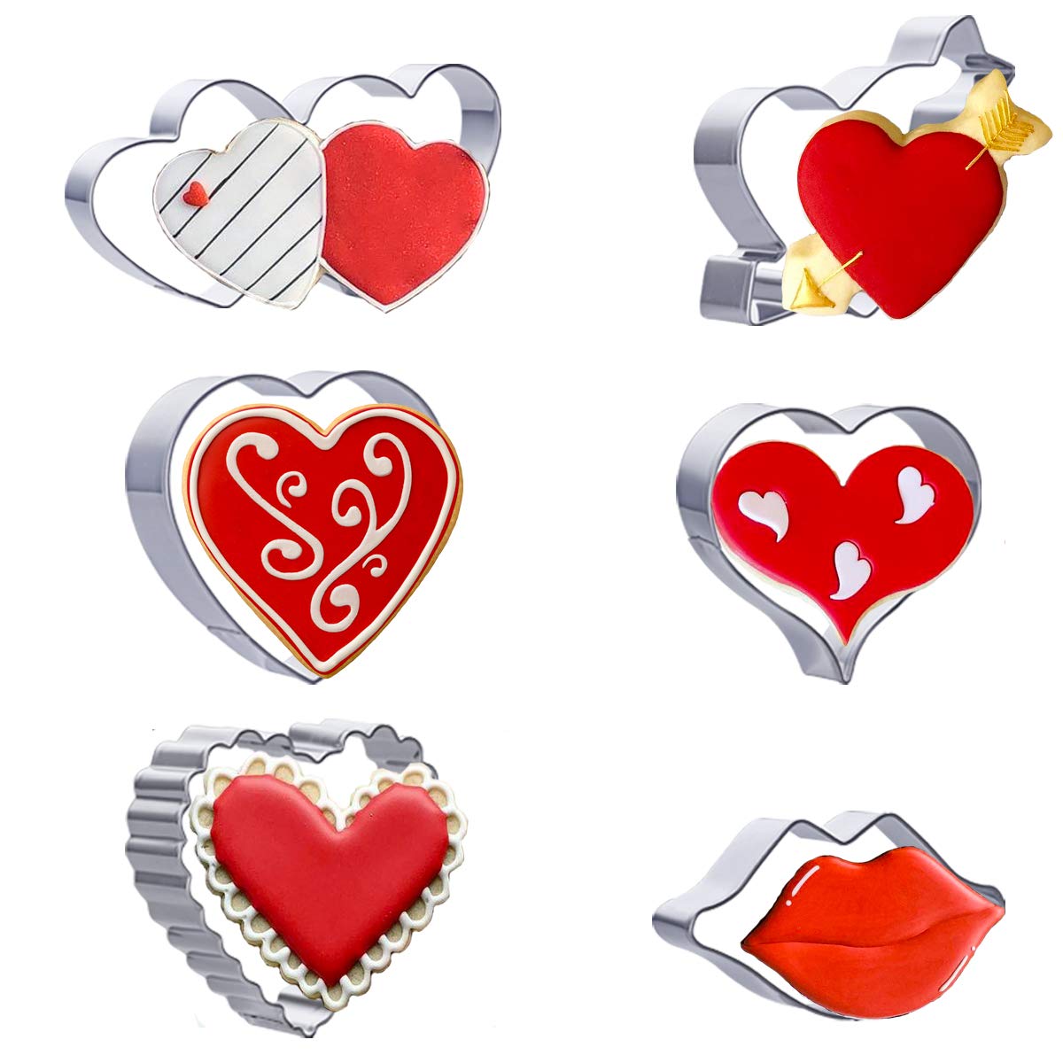 6PCS Valentine's Day Cookie Cutters Set - Heart, Cupid Arrow, Lip & Double Heart Shapes for Biscuits, Sandwiches & Fondant | Perfect for Baking, DIY Gifts & Romantic Celebrations
