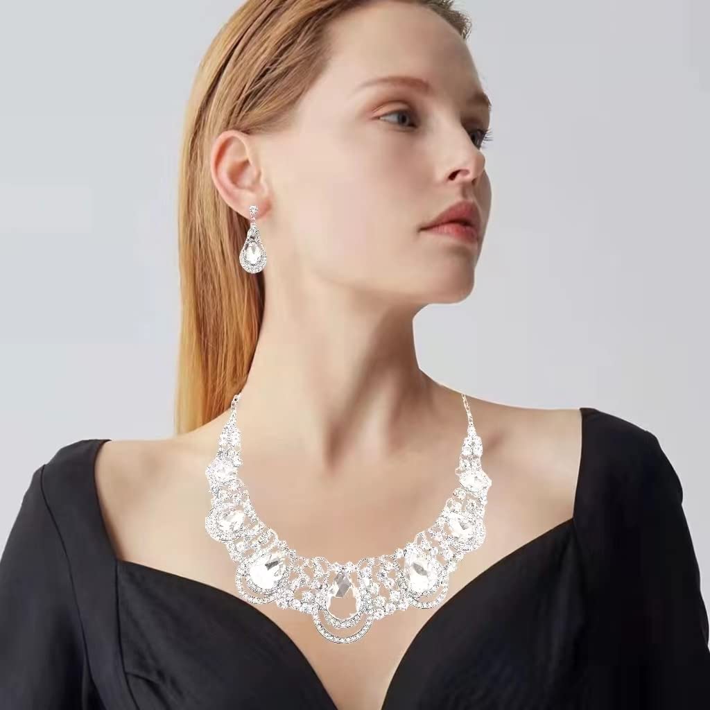 Elegant Rhinestone Crystal Teardrop Statement Necklace & Dangle Earrings Set for Women | Fashion Costume Jewelry Gift | Perfect for Parties, Weddings & Special Occasions