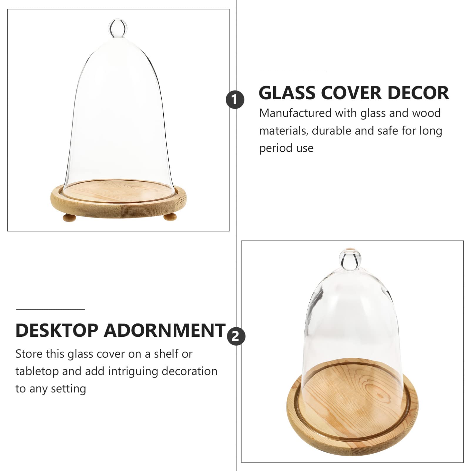 1 Set Mini Glass Cloche Dome Terrarium - Tabletop Display Case for Micro Landscape, Succulent Plants, Mini Cakes & Cheese Trays - Eternal Flower Glass Cover with Wooden Base - Perfect for Home Decor, Wedding Centerpieces & Office Desk Display