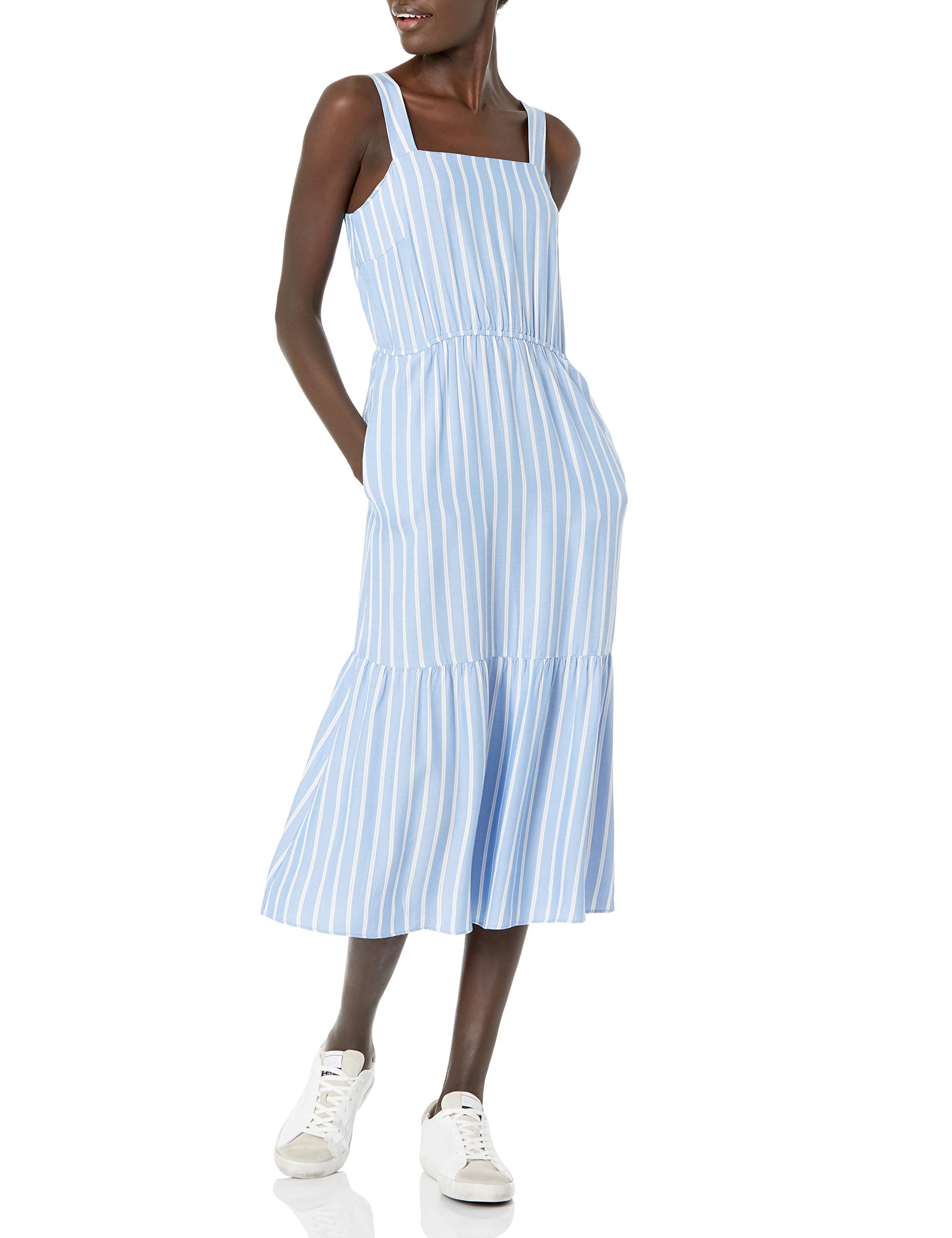 Amazon Essentials Women's Fluid Twill Tiered Midi Summer Dress - Flowy Casual Sundress with Pockets for Beach, Vacation & Everyday Wear