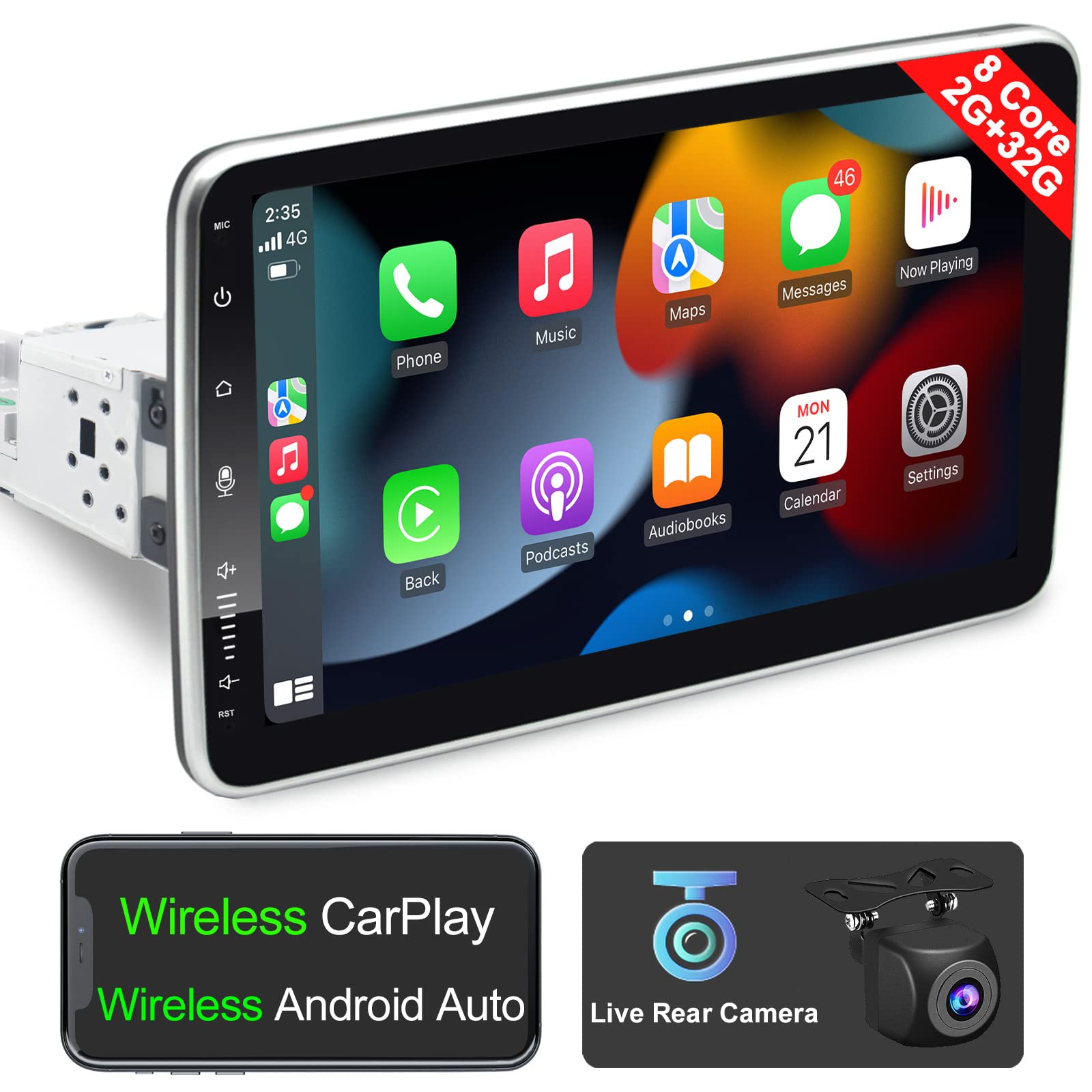 10 Inch Single Din Android Car Stereo with Wireless CarPlay & Android Auto - 8-Core 2GB RAM 32GB ROM, Bluetooth, AM/FM, GPS, WiFi, Backup Camera - Perfect for Upgrading Your Car's Entertainment System & Navigation