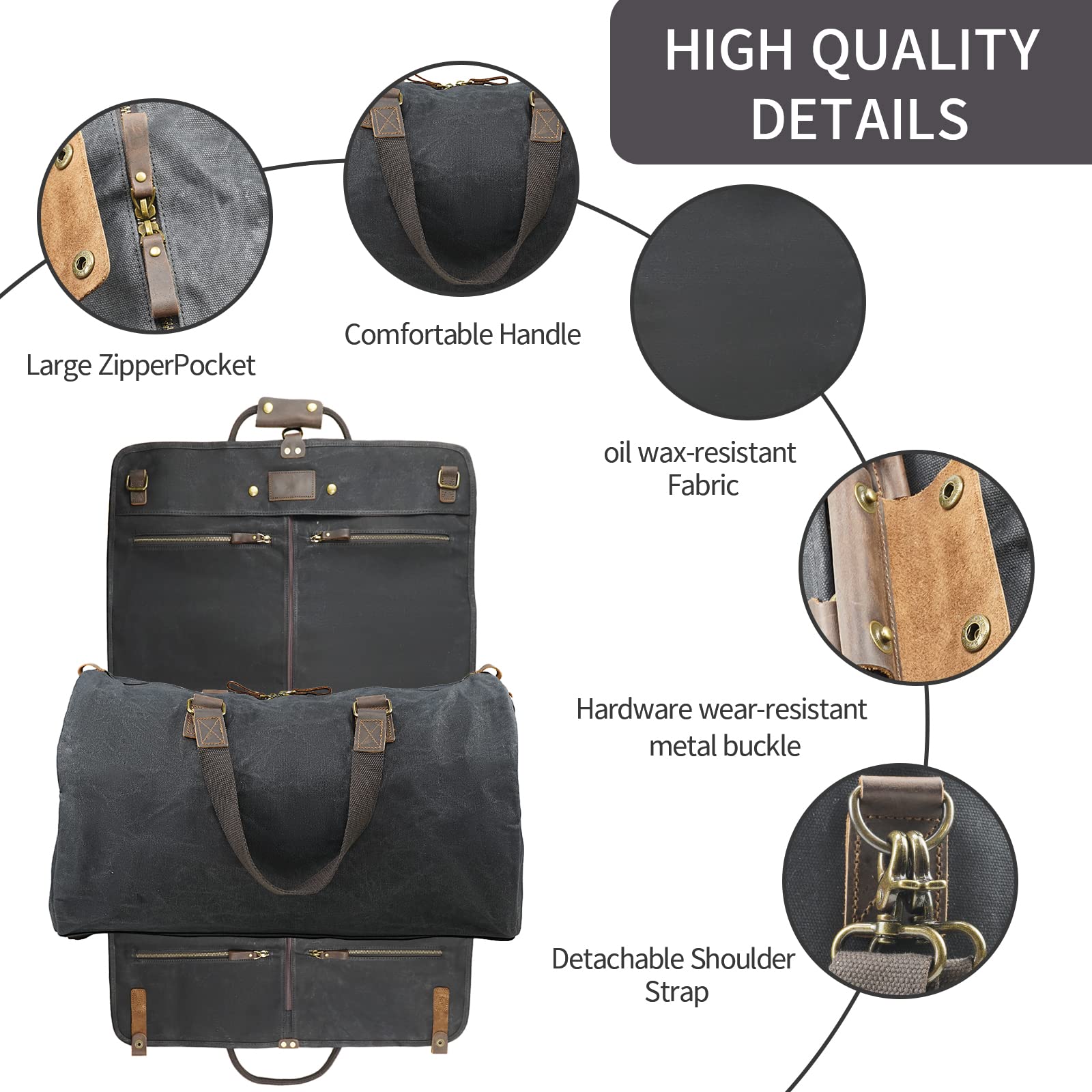 2 in 1 Canvas Leather Suit Luggage Garment Bag with Adjustable Shoulder Strap - Waxed Black Travel Duffel for Business Trips, Weekend Getaways & Formal Events