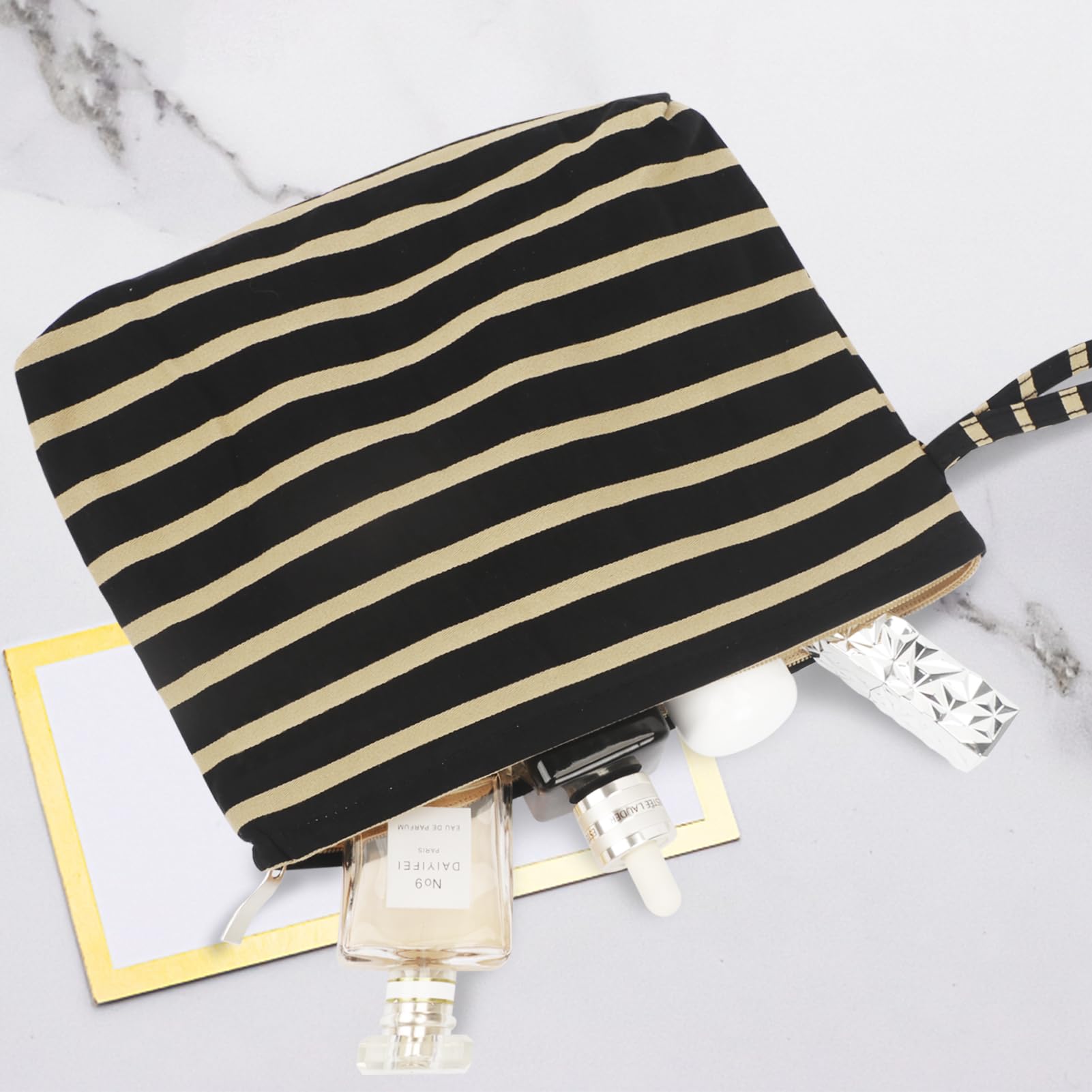**DuringCo Women's Cute Black & Brown Striped Makeup Bag – Travel Cosmetic Pouch, Toiletry Organizer & Aesthetic Handbag for Brushes & Essentials – Perfect for Travel, Gym & Daily Use**