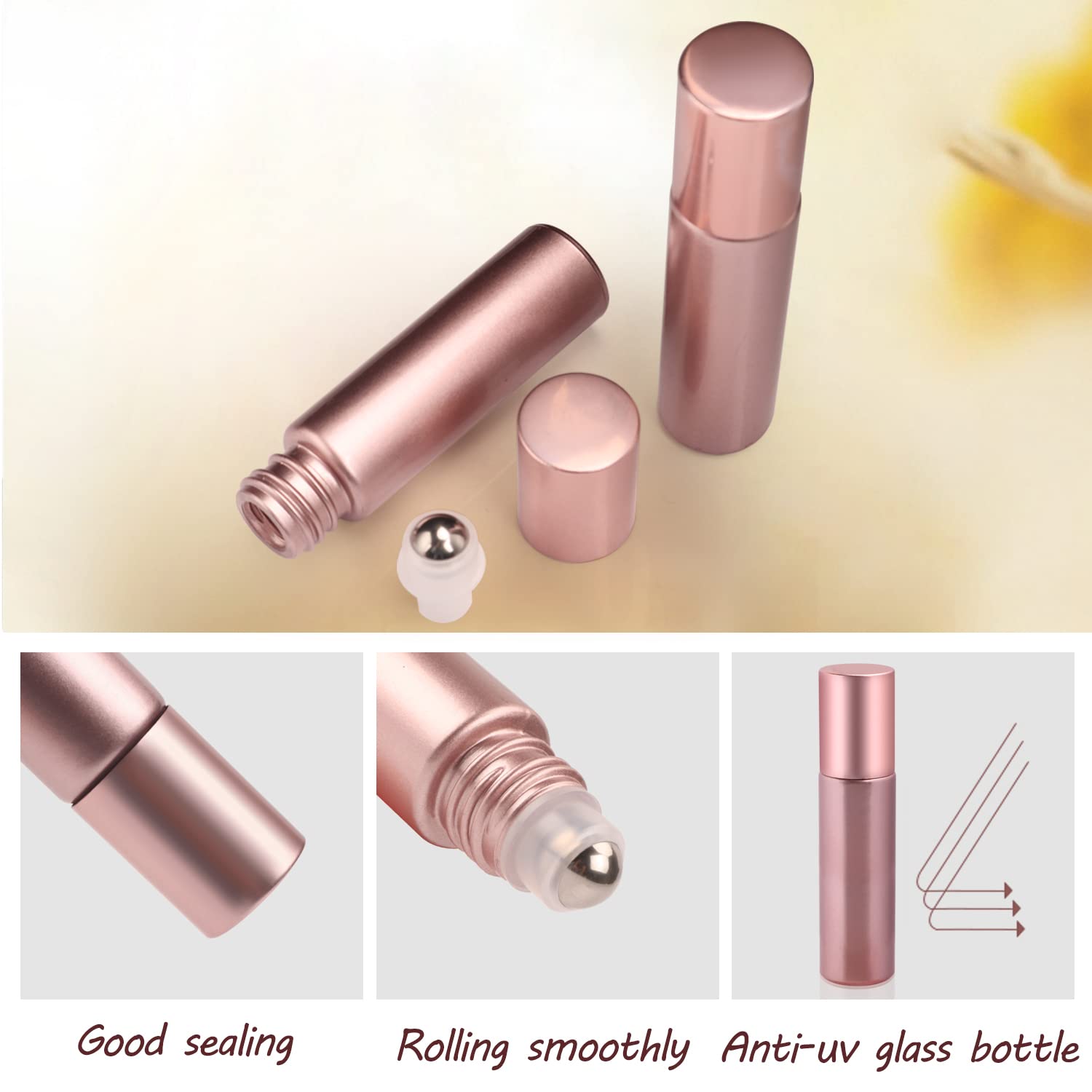 10 Pack 10ml Pink Glass Essential Oil Roller Bottles - Refillable Roll On Bottles with Stainless Steel Roller Ball - Perfect for Aromatherapy, Travel Perfume & DIY Essential Oil Blends