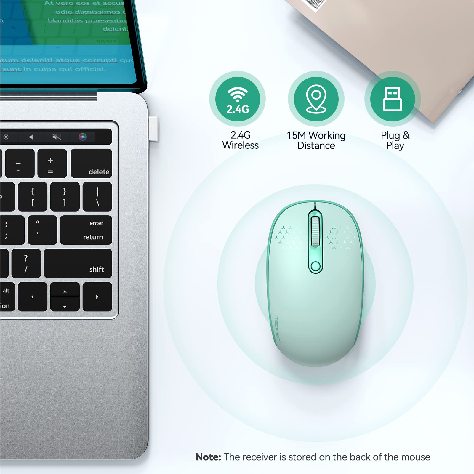 TECKNET 2.4G Wireless Quiet Mouse for Laptop, PC, Mac, Chromebook - 4 Buttons, 800/1200/1600 DPI, USB Receiver, Portable Cordless Design in Mint Green for Office, Home, and Travel Use