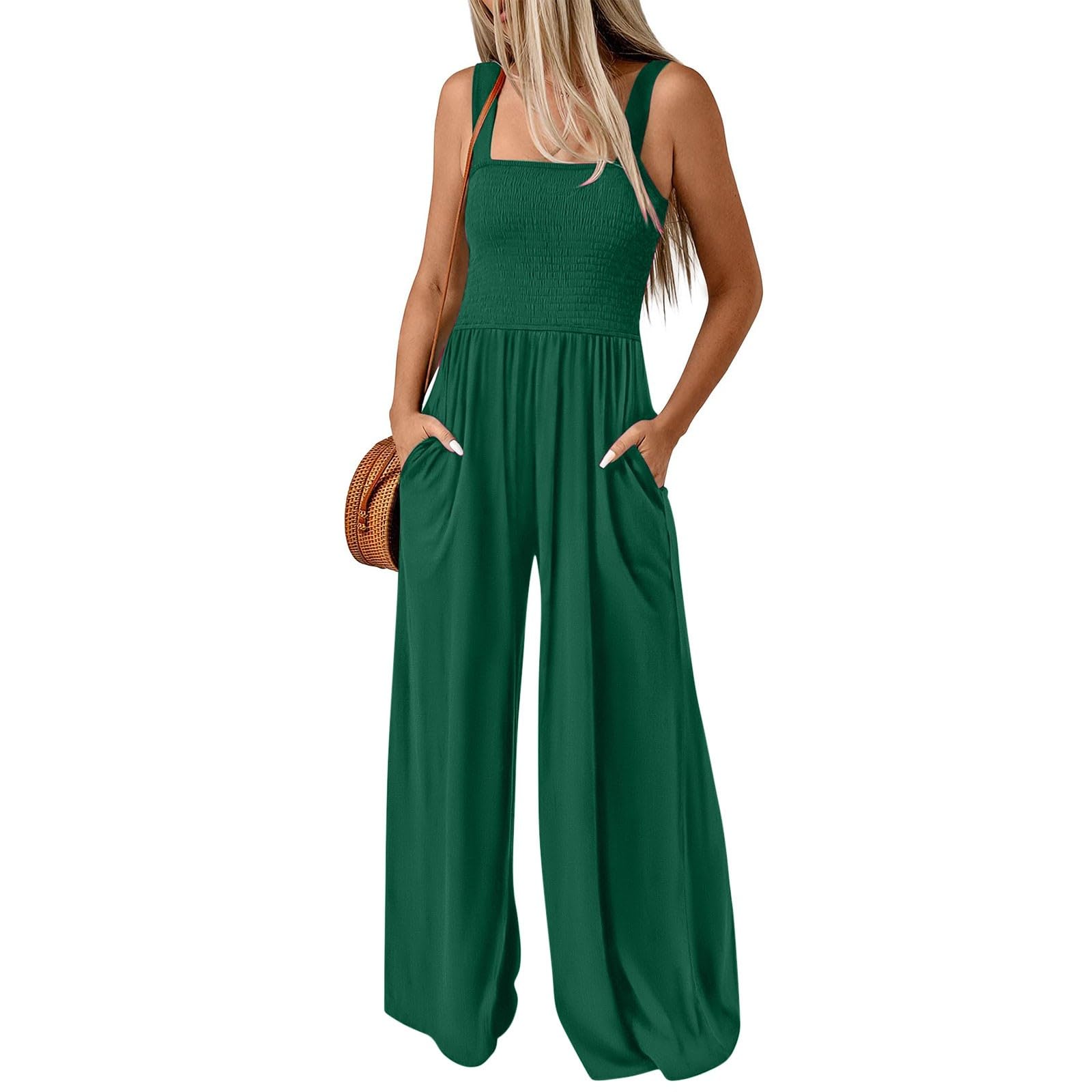 Women's Casual & Dressy Smocked High Waist Wide Leg Jumpsuit Romper with Pockets - Sleeveless Summer Overalls for Work, Travel & Outdoor Activities