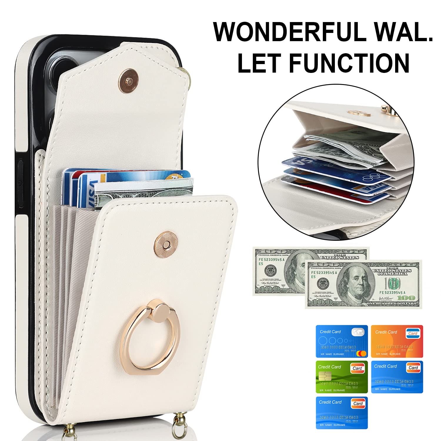 Premium Slim Wallet Case for iPhone 13 Pro Max (6.7 inch) - Shockproof Protective Cover with Ring Kickstand & Adjustable Shoulder Strap | Minimalist Design for Everyday Use, Travel, and Hands-Free Convenience (White)