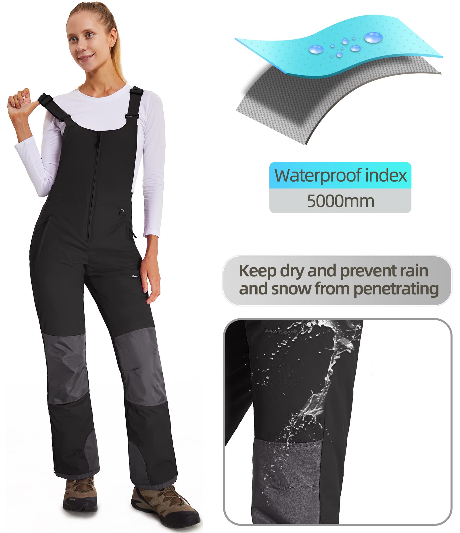 BenBoy Women's Waterproof Insulated Snow Bibs - Windproof Ripstop Ski Overalls for Snowboarding & Winter Sports | Perfect for Skiing, Snowboarding & Cold Weather Adventures