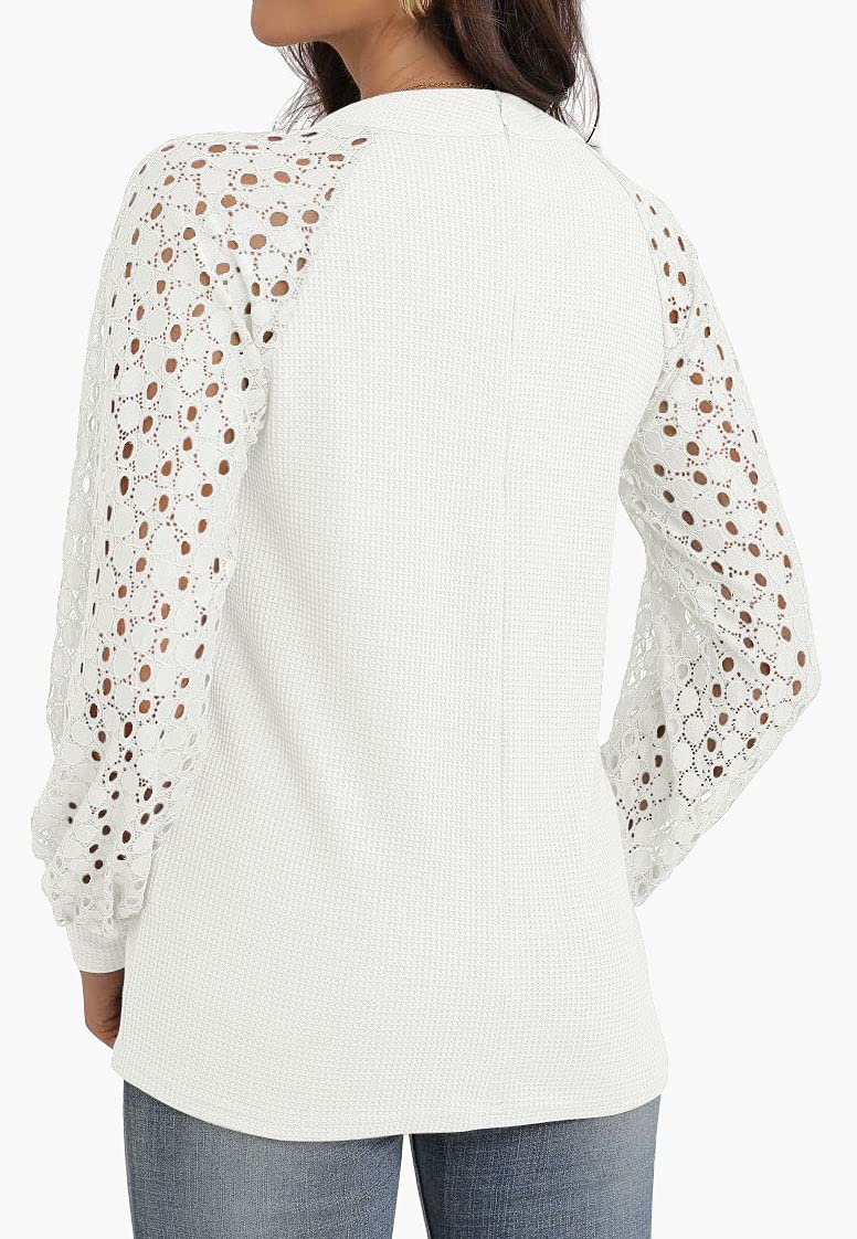 IWOLLENCE Women's Waffle Knit Blouse - Puff Long & Short Sleeve Lace Tops | Casual Loose Fit T-Shirts for Women | Perfect for Office, Date Night & Weekend Outings