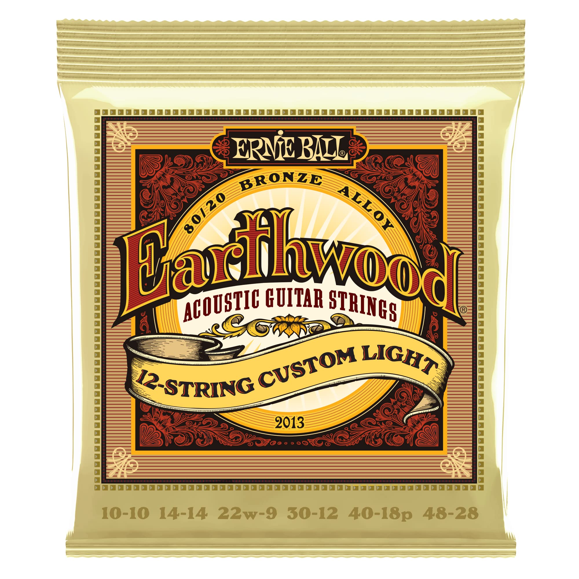 Ernie Ball Earthwood 12-String Custom Light 80/20 Bronze Acoustic Guitar Strings, 10-48 Gauge (P02013) - Perfect for Studio Recording & Live Performances
