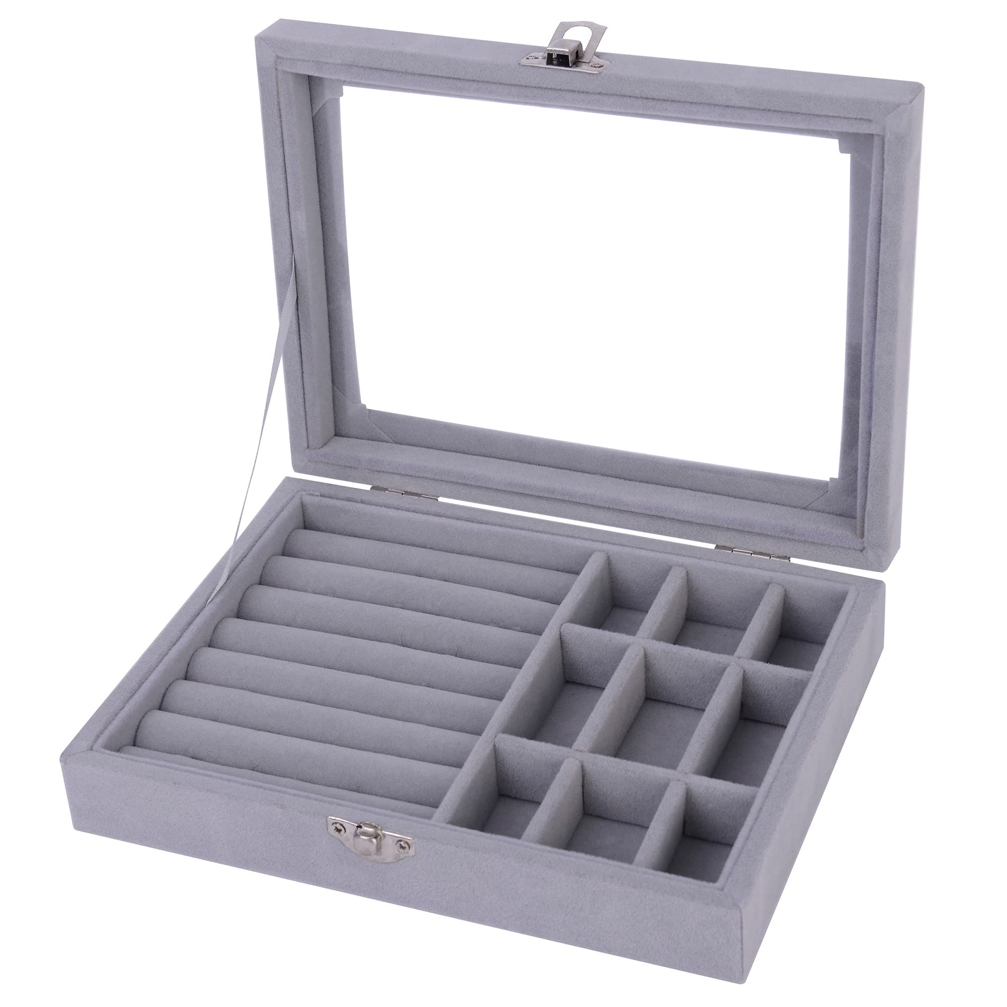 Elegant Jewelry Box for Women & Girls - Glass Top Ring Earring Necklace Bracelet Watch Storage Case - Perfect for Gifts, Travel & Home Organization (Grey)