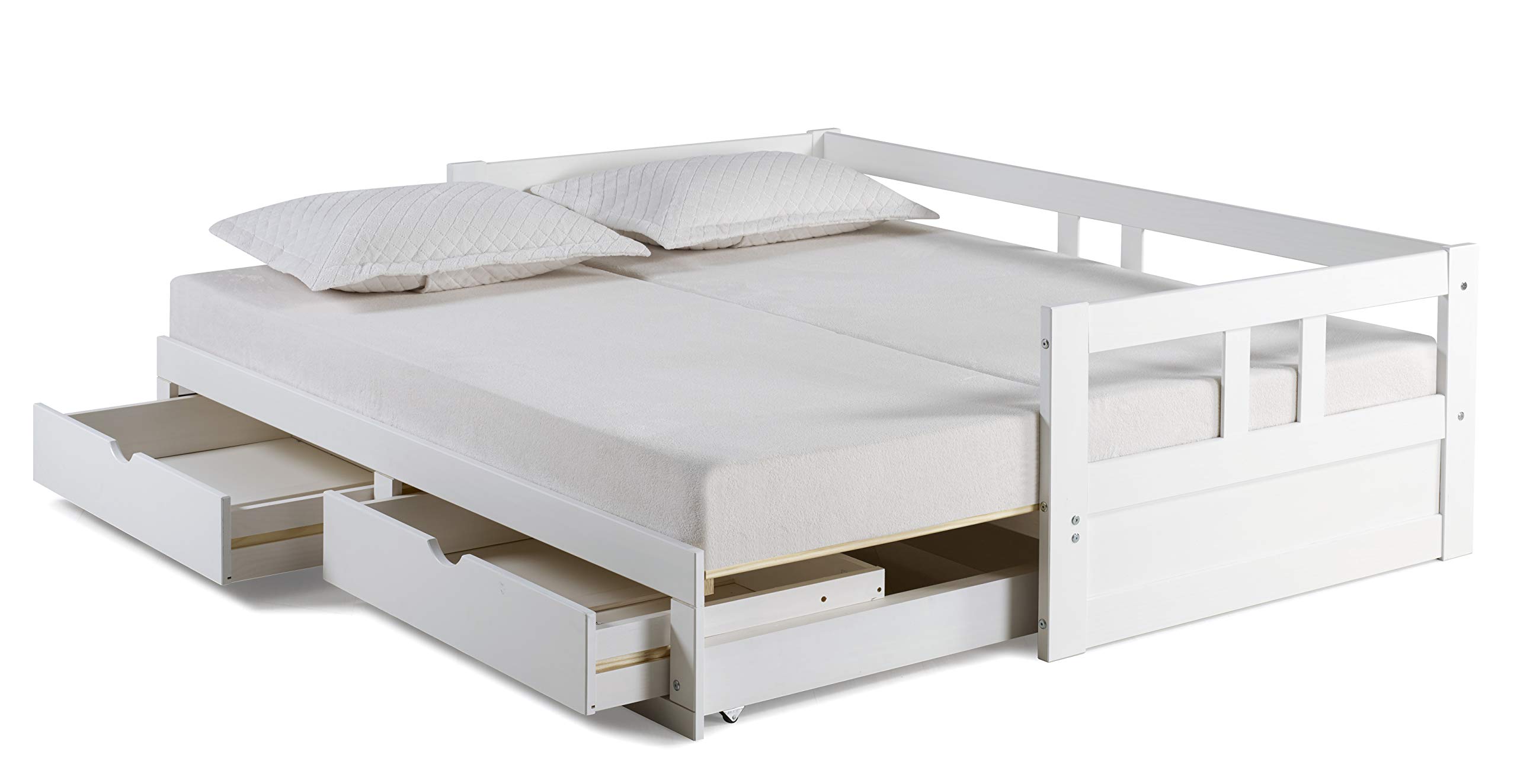 Alaterre Furniture Melody Extendable Pine Trundle Daybed with Underbed Storage - White Twin to King Size - Kids Bedroom Furniture Set with Headboard - Perfect for Guest Rooms, Dormitories & Small Spaces