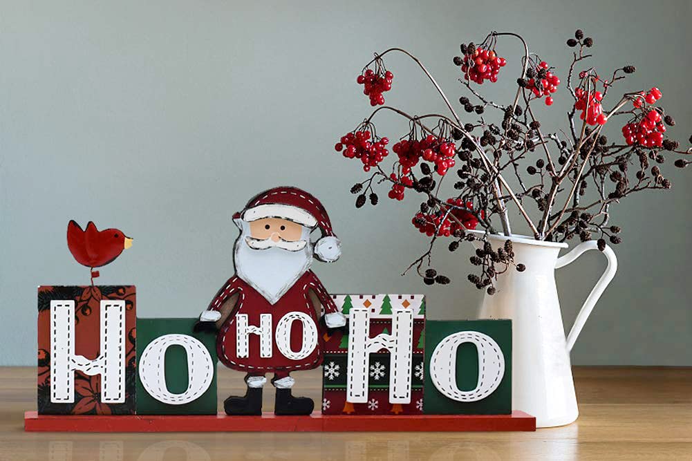 YK Decor Christmas Wood Sign - HOHOHO & SNOW Freestanding Holiday Decor with Santa & Snowman - Perfect for Fireplace Mantel, Entryway, or Christmas Table Centerpiece - Rustic Home Holiday Decoration