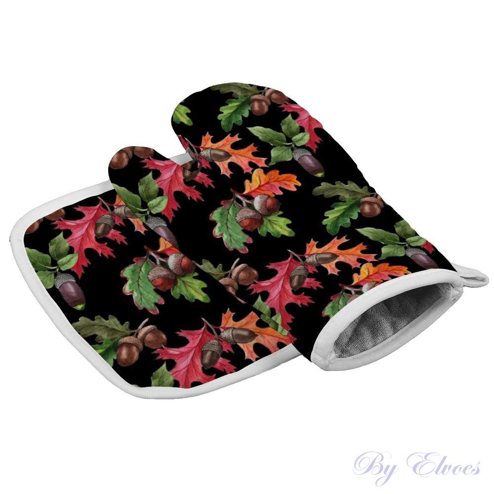 Heat Resistant Oven Mitts with Pot Holders - 2-Piece Non-Slip Kitchen Gloves Set for Cooking, Baking, Grilling & Microwave Use | Fall Oak Tree Design | Perfect for Holiday Meals & BBQ Parties