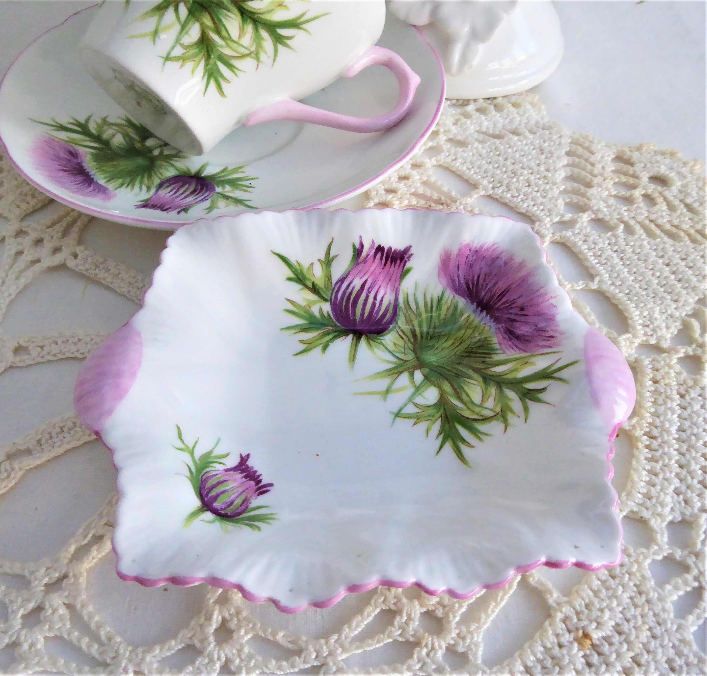 Vintage Shelley Dainty Thistle Dish - 1950s Pink Trimmed Bon Bon Candy Trinket | Perfect for Collectors, Home Decor & Gift Giving