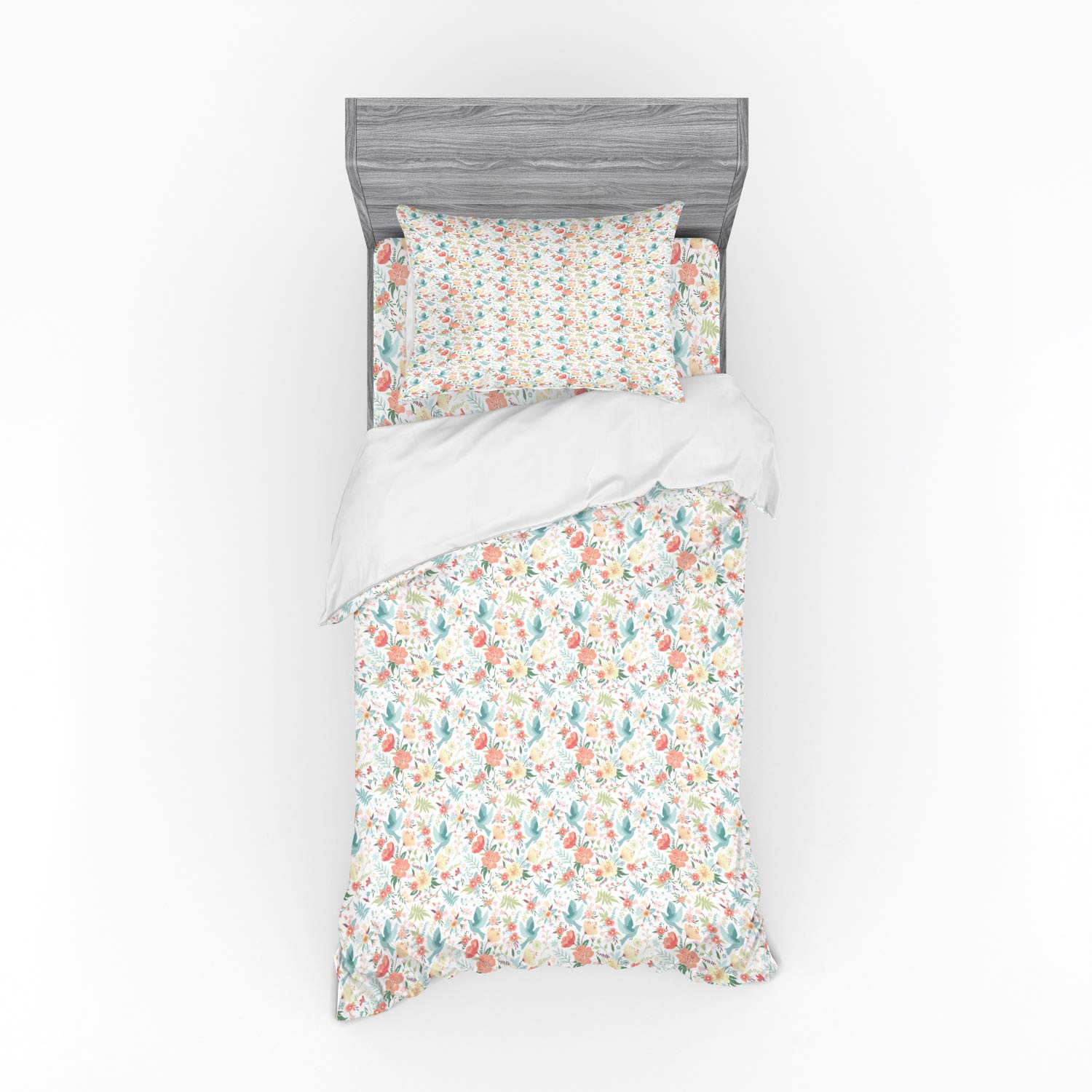 Ambesonne Birds Duvet Cover Set - Blue Flying Pigeons with Flowers Among Lilies, Tulips & Roses | 3-Piece Twin Size Bedding Set with Sham & Fitted Sheet | Perfect for Kids' Rooms, Guest Bedrooms & Bohemian Decor