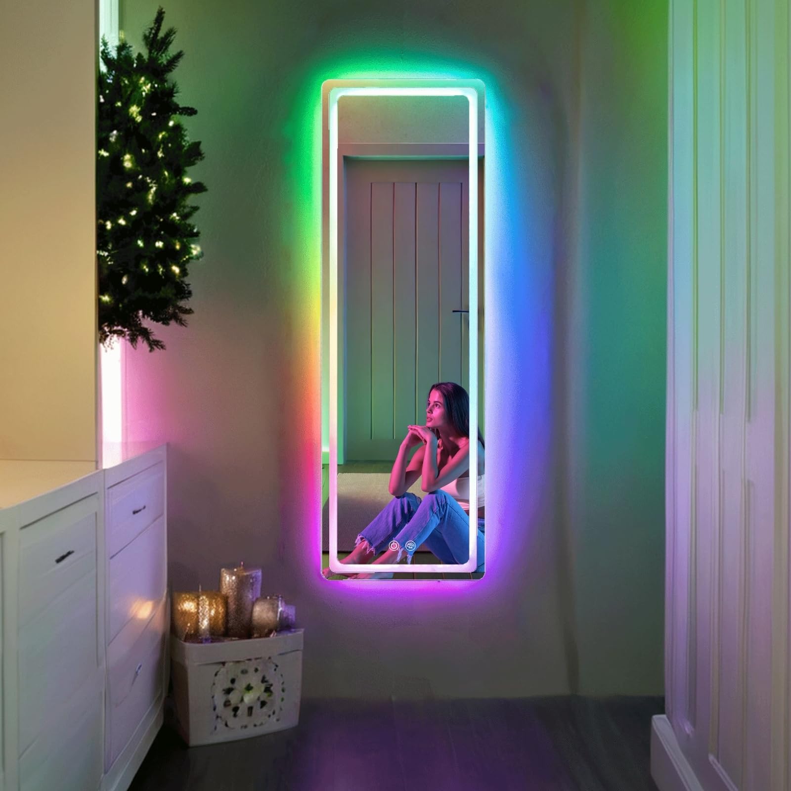 LUXFURNI Full Length LED Mirror with RGB Dimmable Lights - Wall Mounted Full Body Mirror 42.32x14 Inch for Bedroom, Bathroom, Vanity & Dressing Room