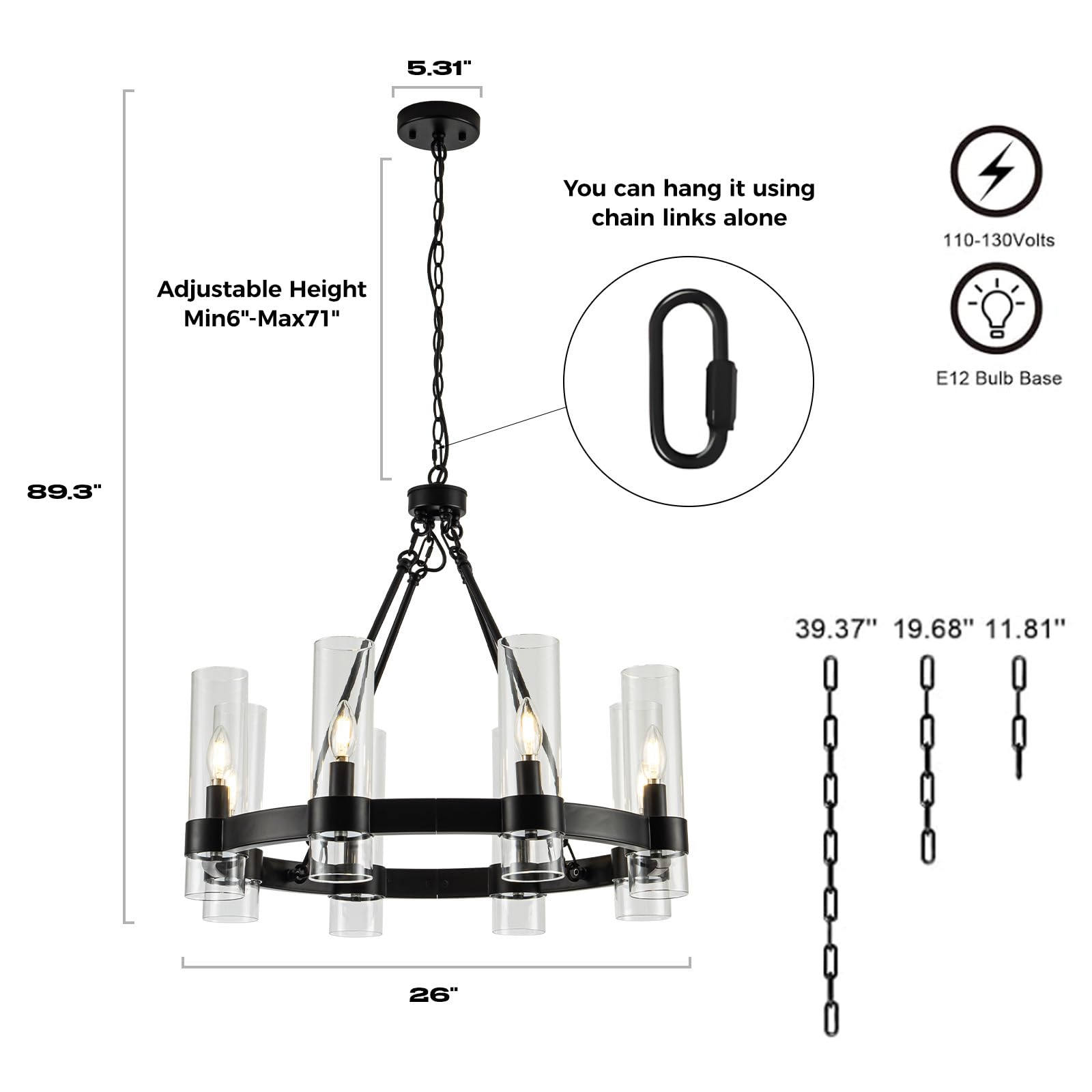 MAYNA 26 Inch Black Wagon Wheel Chandelier with Glass Shade - 8 Light Modern Farmhouse Ceiling Light Fixture for Dining Room, Kitchen, Entryway - Perfect for Rustic Home Decor & Country Style Interiors