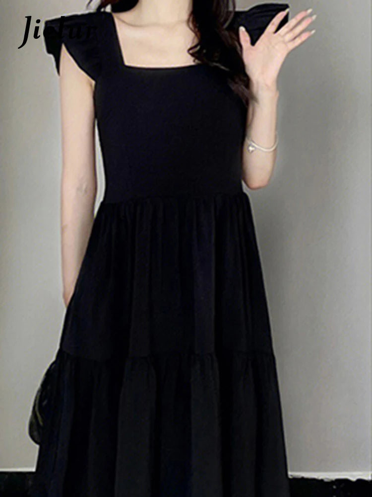 Elegant Black Ruffles Sleeveless Chiffon Dress for Women - Summer Solid Color Square Neck Evening Gown | Perfect for Cocktail Parties, Weddings & Formal Occasions