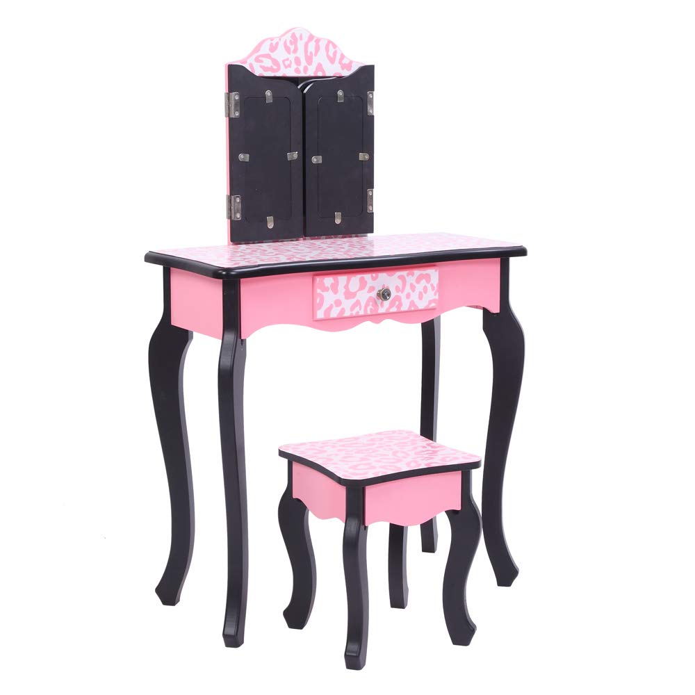 Pink and Black Kids Vanity Set with Three-Fold Mirror, Vanity Table & Chair, Single-Drawer Dressing Table for Girls - Perfect for Bedroom Decor, Pretend Play & Birthday Gifts