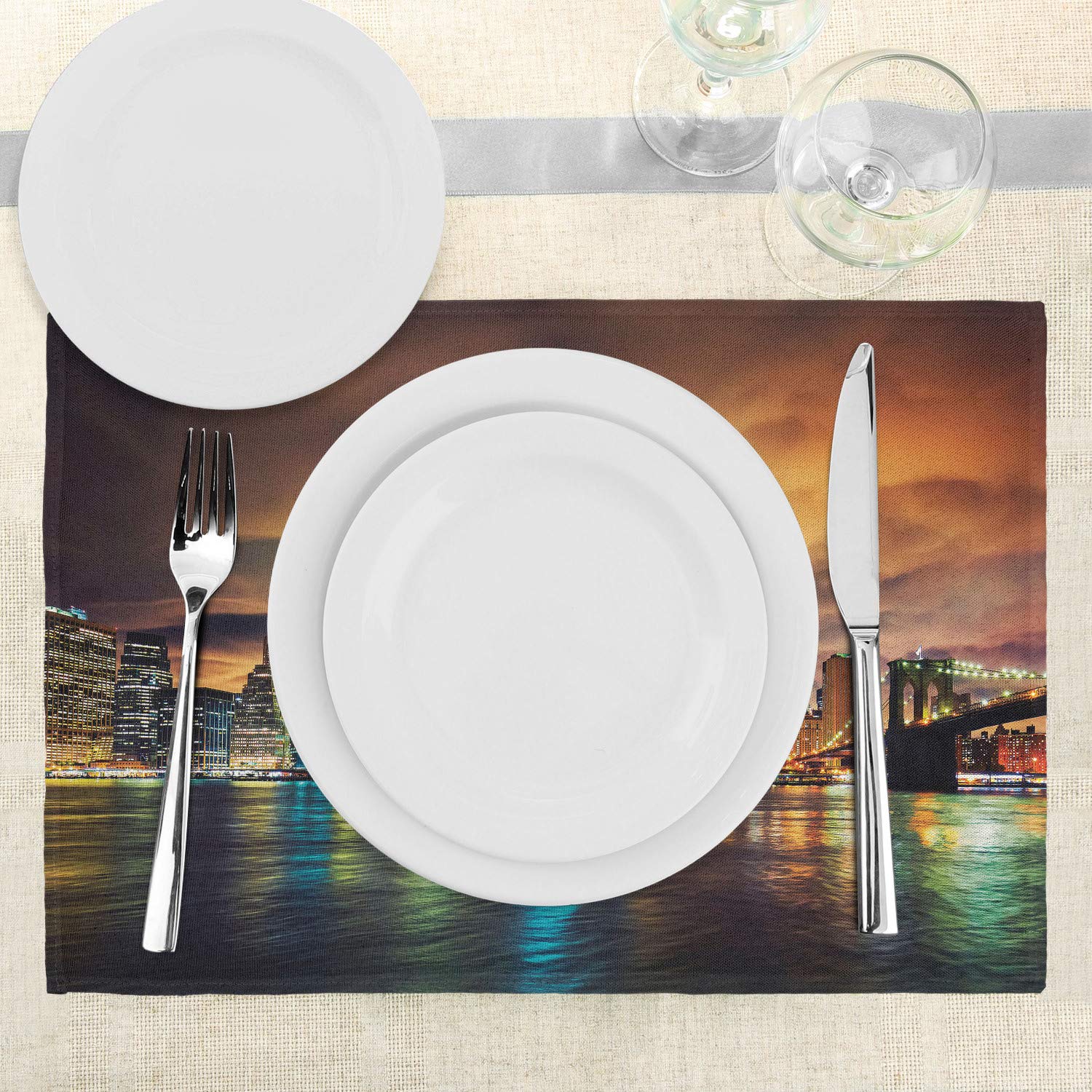 Lunarable NYC Place Mats Set of 4 - Manhattan Sunset Skyline with Dramatic Clouds & Dark Architecture - Washable Fabric Placemats for Dining Room & Kitchen Table Decor in Seal Brown Amber - Perfect for Dinner Parties & Home Decor
