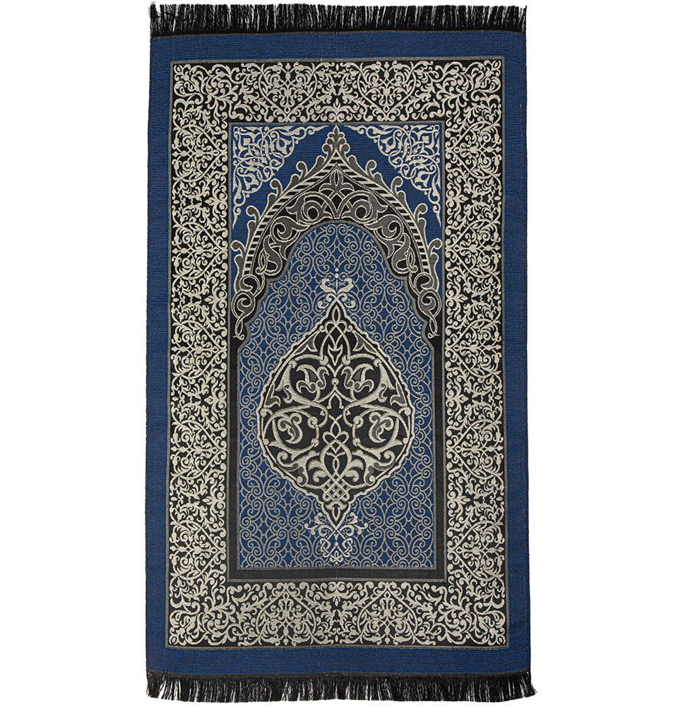 Premium Chenille Ottoman Islamic Prayer Mat Set of 2 (Black + Blue) - Soft & Durable Prayer Rug for Home, Mosque & Travel Use