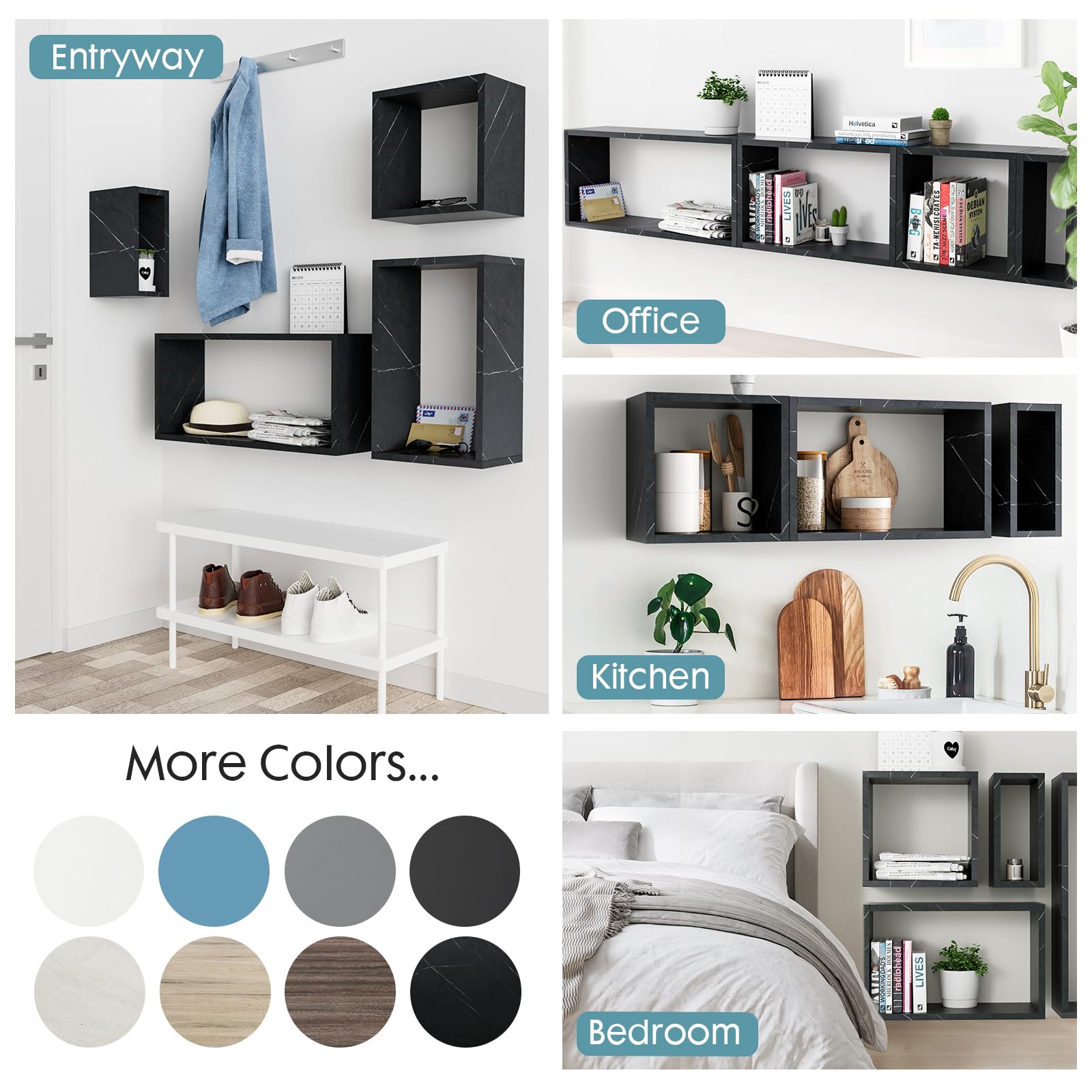 Kaboon 4-Piece Floating Wall Mount Shelf Set - Large Cube Shelves for Home & Office Decor, Space Saving Storage - Cloud Atlas & Black Marble Finish | Perfect for Living Room, Bedroom, Kitchen & Commercial Spaces