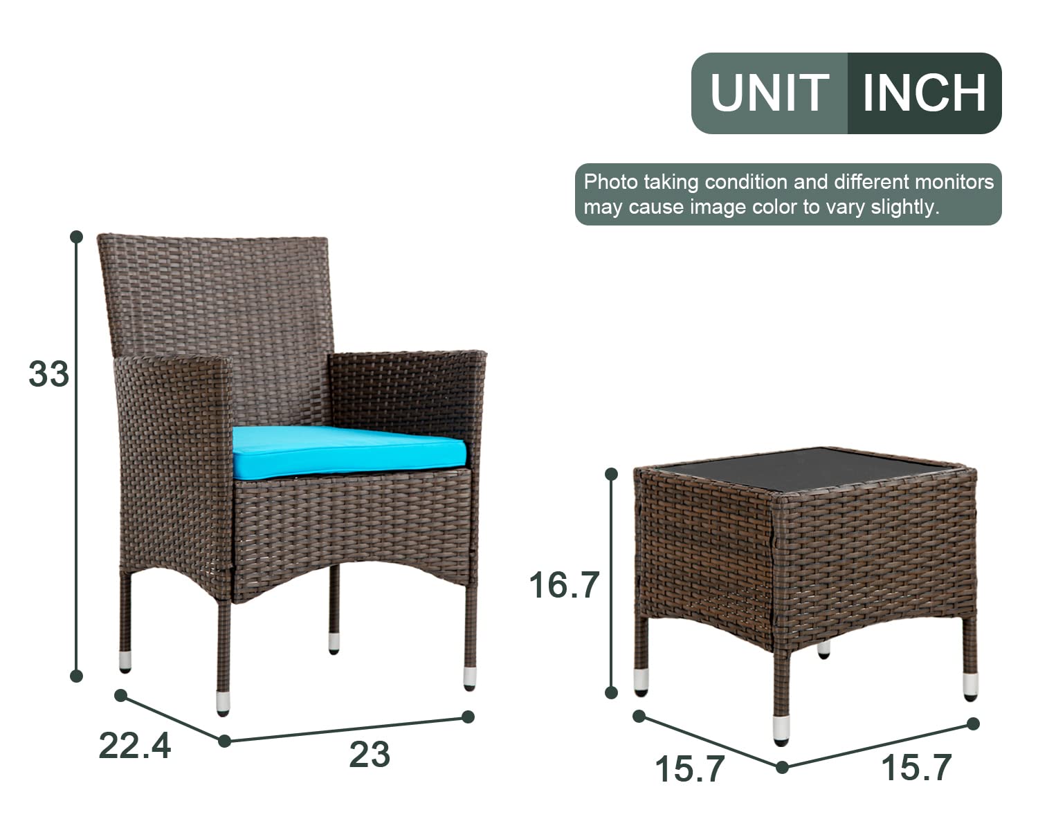 FDW 3-Piece Outdoor Patio Furniture Set - Wicker Bistro Set with Rattan Chairs & Table - Blue Cushion Included - Perfect for Yard, Backyard, Lawn, Porch, Poolside & Balcony Relaxation
