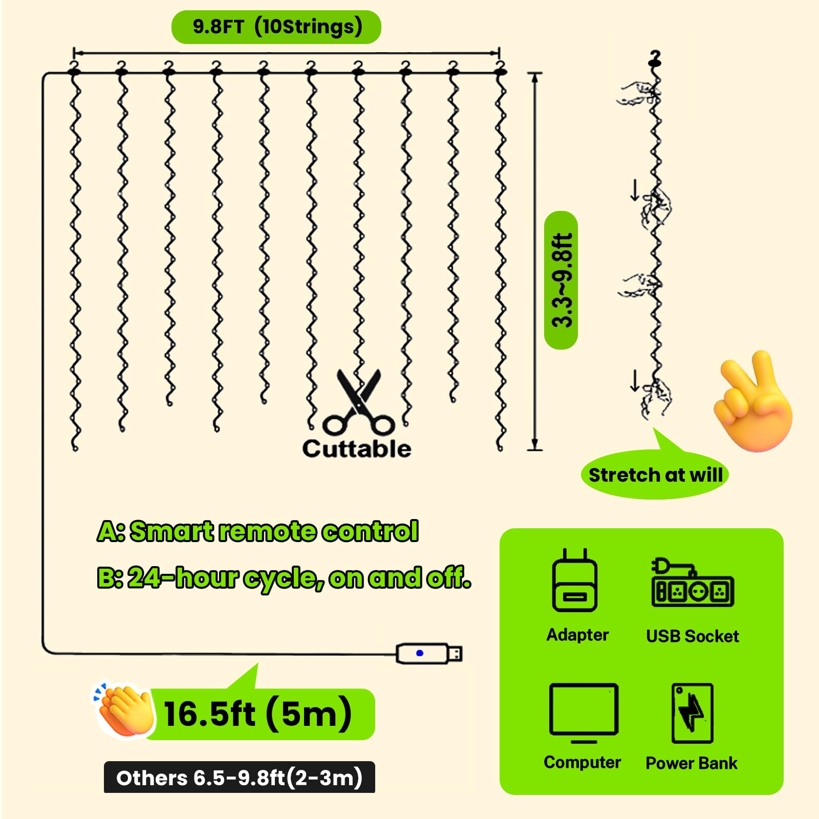 HXWEIYE 300LED Green Fairy Curtain Lights with Remote Control - 8 Lighting Modes & Timer Function - 9.8x9.8Ft USB Plug-in String Lights for Bedroom, Outdoor, Wedding, Party, Garden, Wall Decor - Perfect for Christmas Decorations, Romantic Ambiance & Home Lighting