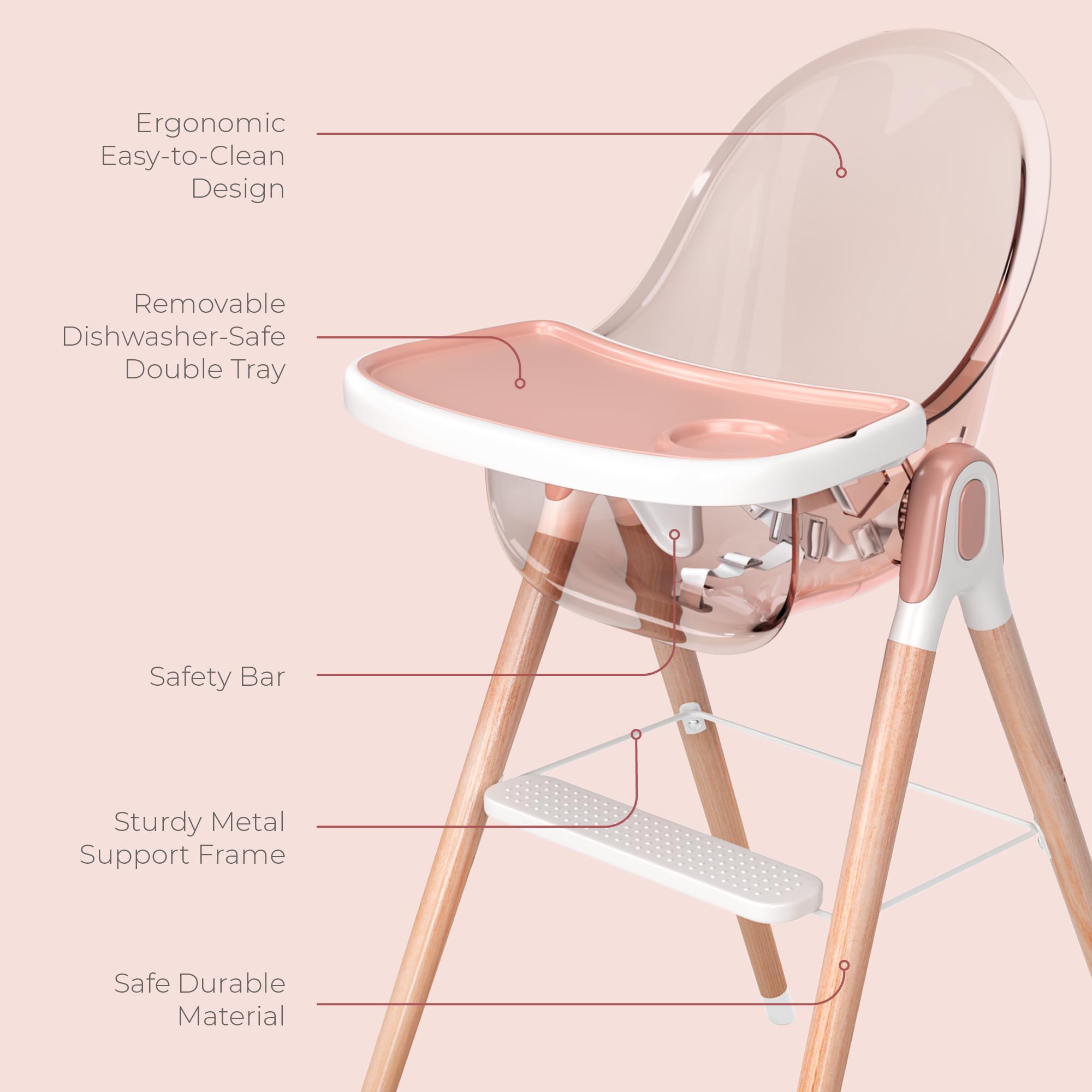 6-in-1 Deluxe Wooden High Chair for Babies & Toddlers - Modern, Safe & Compact Baby Highchair with Removable Tray | 6 Functions, 3 Seat Positions & 2 Height Adjustments | Easy to Clean & Assemble | Perfect for Dining, Feeding & Playtime (Pink)