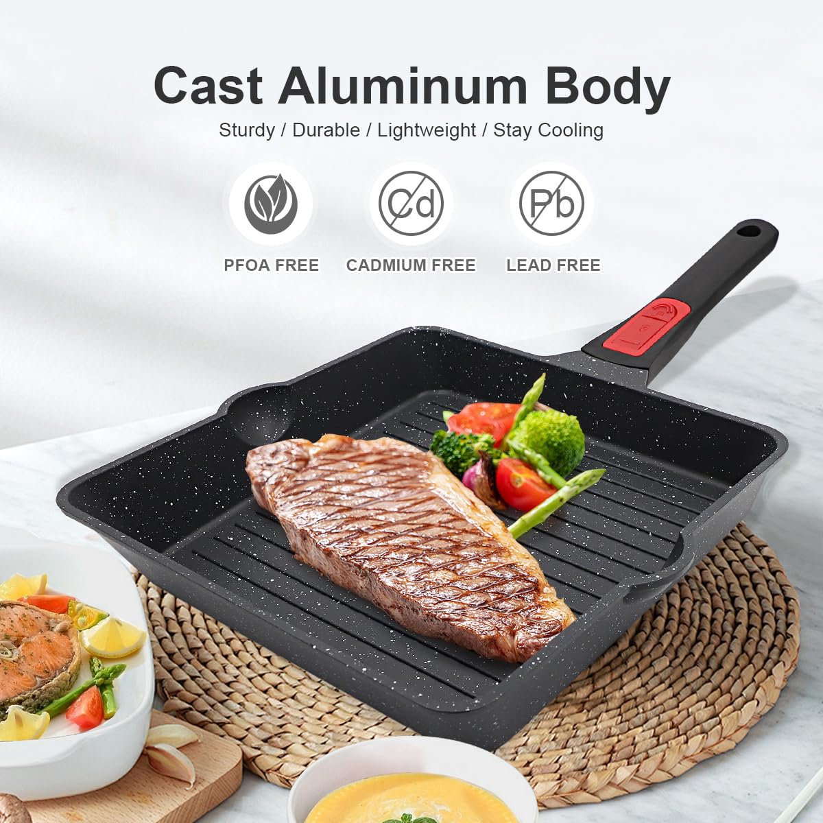 Nonstick Square Grill Pan 9.5 Inch - Cast Aluminum Steak Pan with Removable Handle, Oven & Dishwasher Safe, Double Pour Spouts, Black - Perfect for Grilling Steaks, Burgers, and Vegetables Indoor or Outdoor