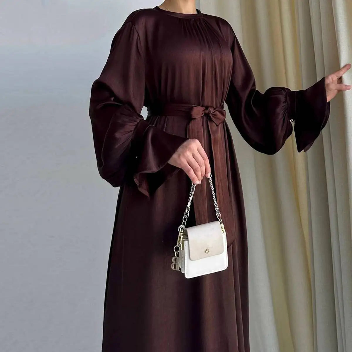Elegant Ruffle Sleeve Satin Abaya Dress for Women - Modest Islamic Prayer Dress - Perfect for Eid, Wedding & Special Occasions